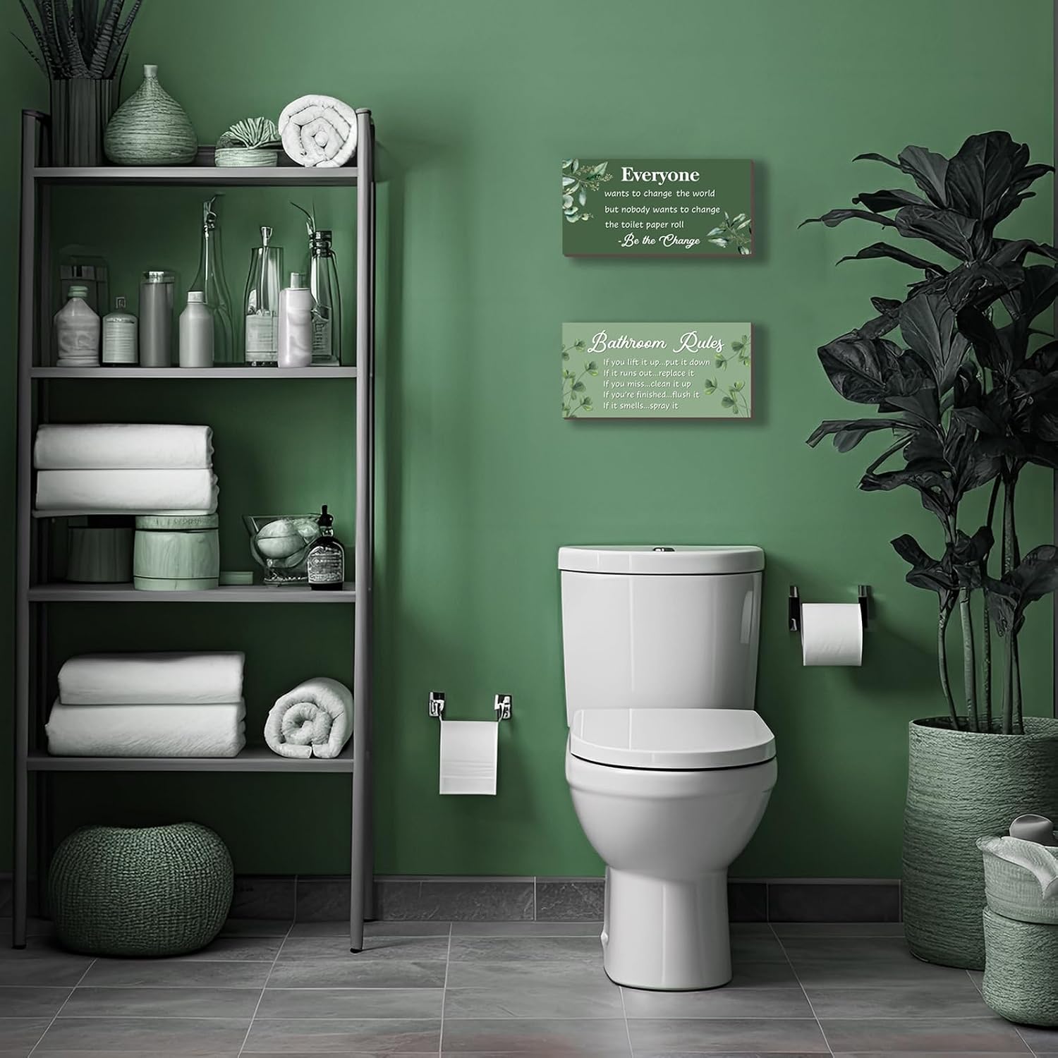 DONFENTHY 2 Pcs Green Bathroom Rules Decor Sage Green Farmhouse Wooden Green Wall Art Sage Bathroom Accessories for Toilet Decor(12x6 Inch) image 2