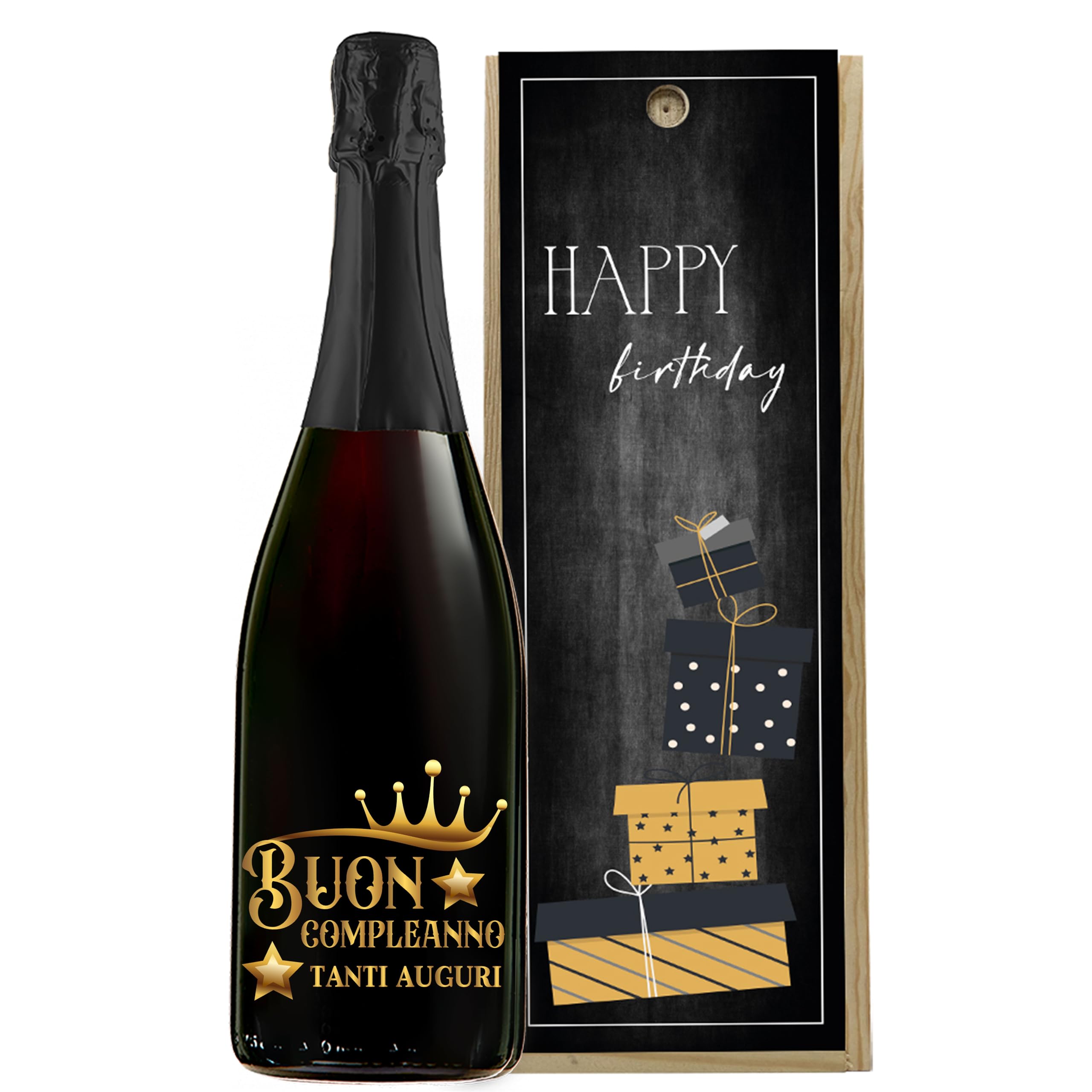 Bottiglia di vino personalizzata con cassa legno ideale per regalo di compleanno. (Prosecco DOC, Happy birthday)