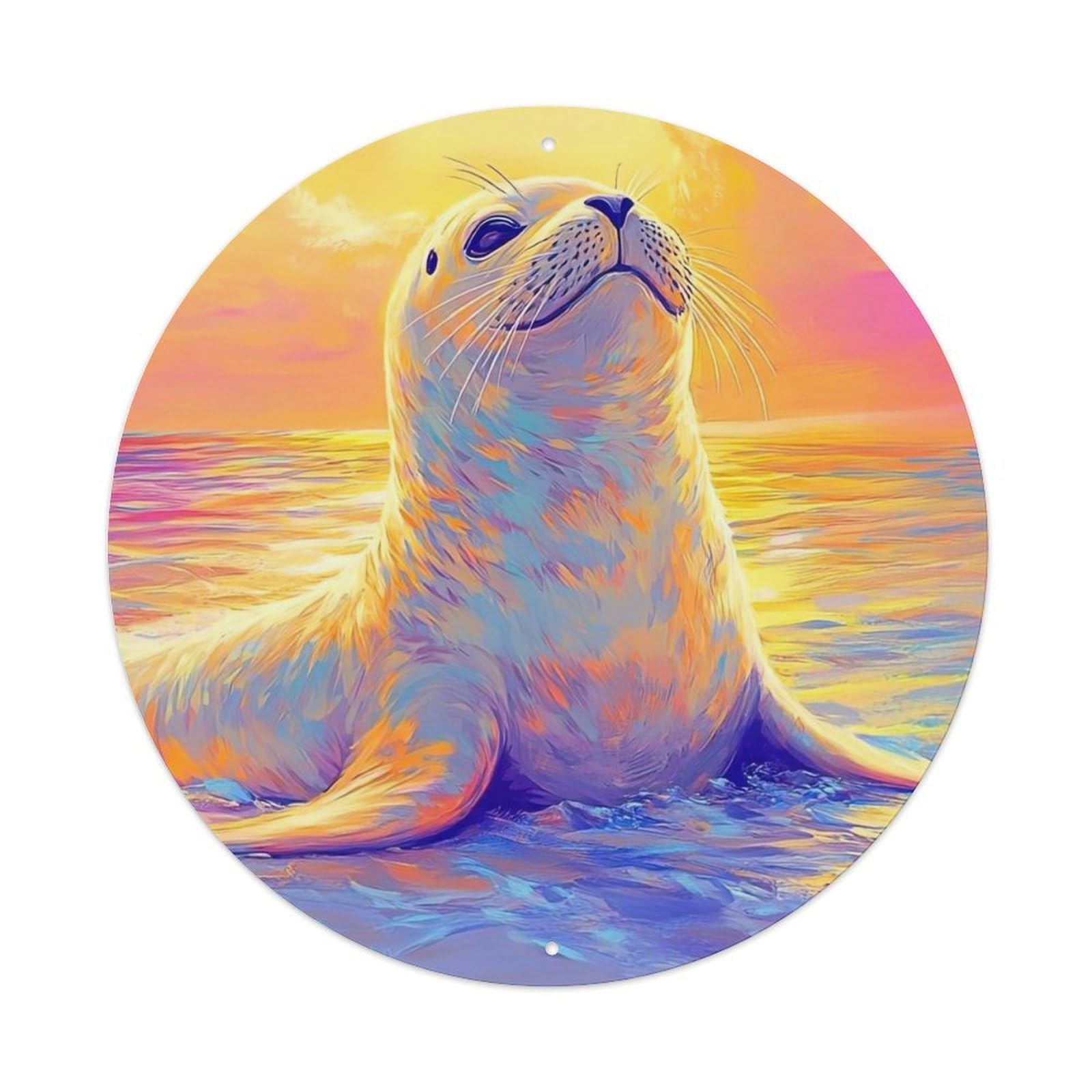 Marine Animals Seal Sunset Ocean Wildlife Abstract Seascape Vintage Metal Tin Sign Plaque Wall Decor for Cafe, Club Bar, Office, Garden Metal Poster 8x8Inch
