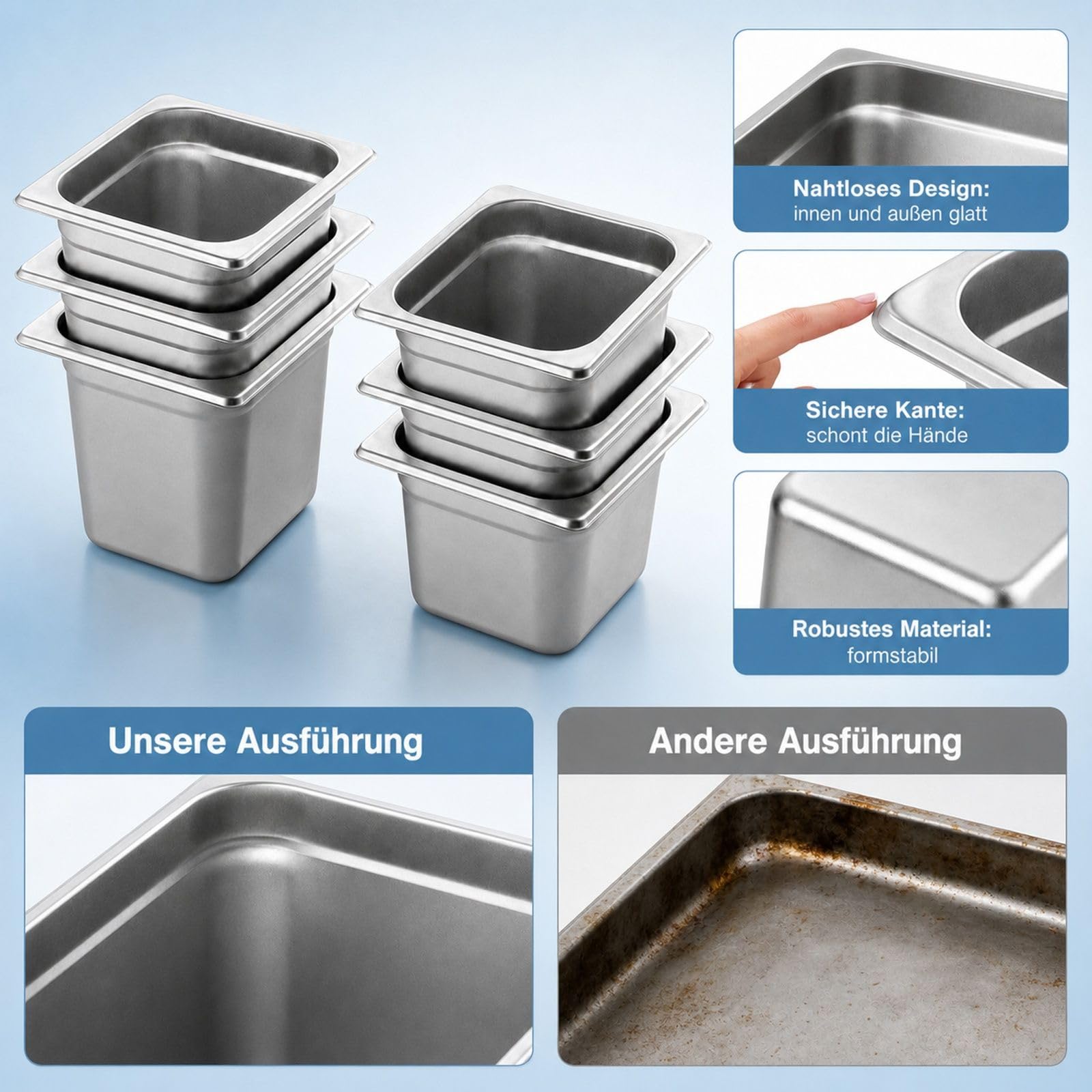 6er Set Gastronormbehälter GN 1/6 aus Edelstahl für Bain-Marie und Buffet |