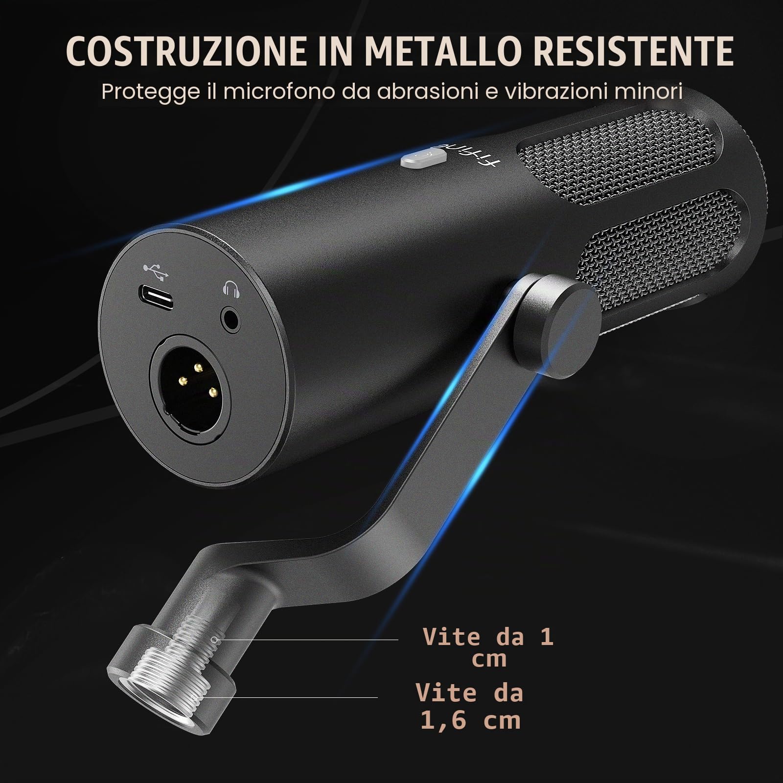 FIFINE Microfono XLR dinamico per registrazione in studio e podcast, trasmissione vocale, microfono XLR/USB in metallo con pulsante mute e jack per cuffie per mixer e PC