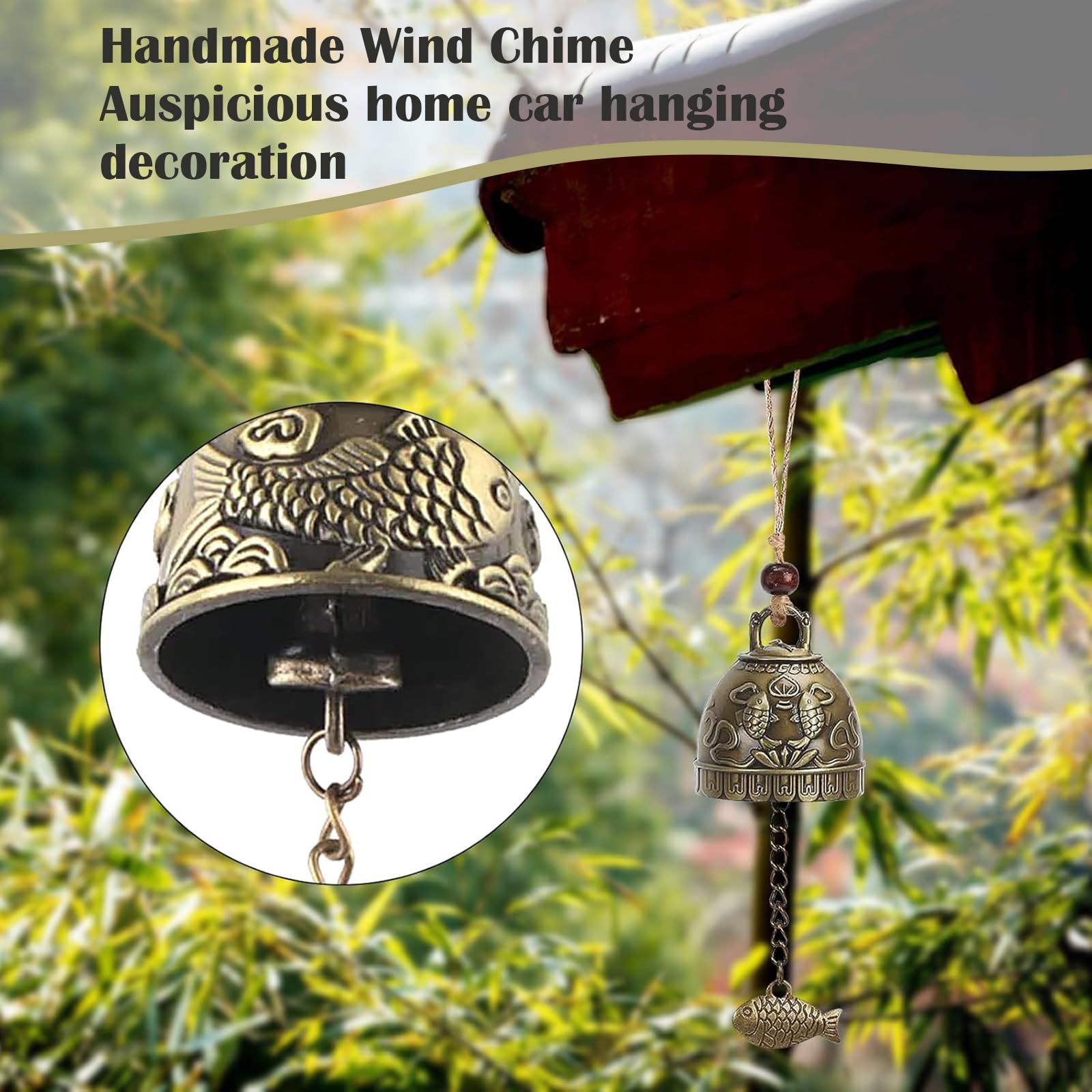 4 Pezzi Campanelli Eolici Feng Shui, Campanelli Eolici Cinesi Fengshui, Motivo Pesce Drago, Vintage Campana d'Epoca, per Giardino di Casa