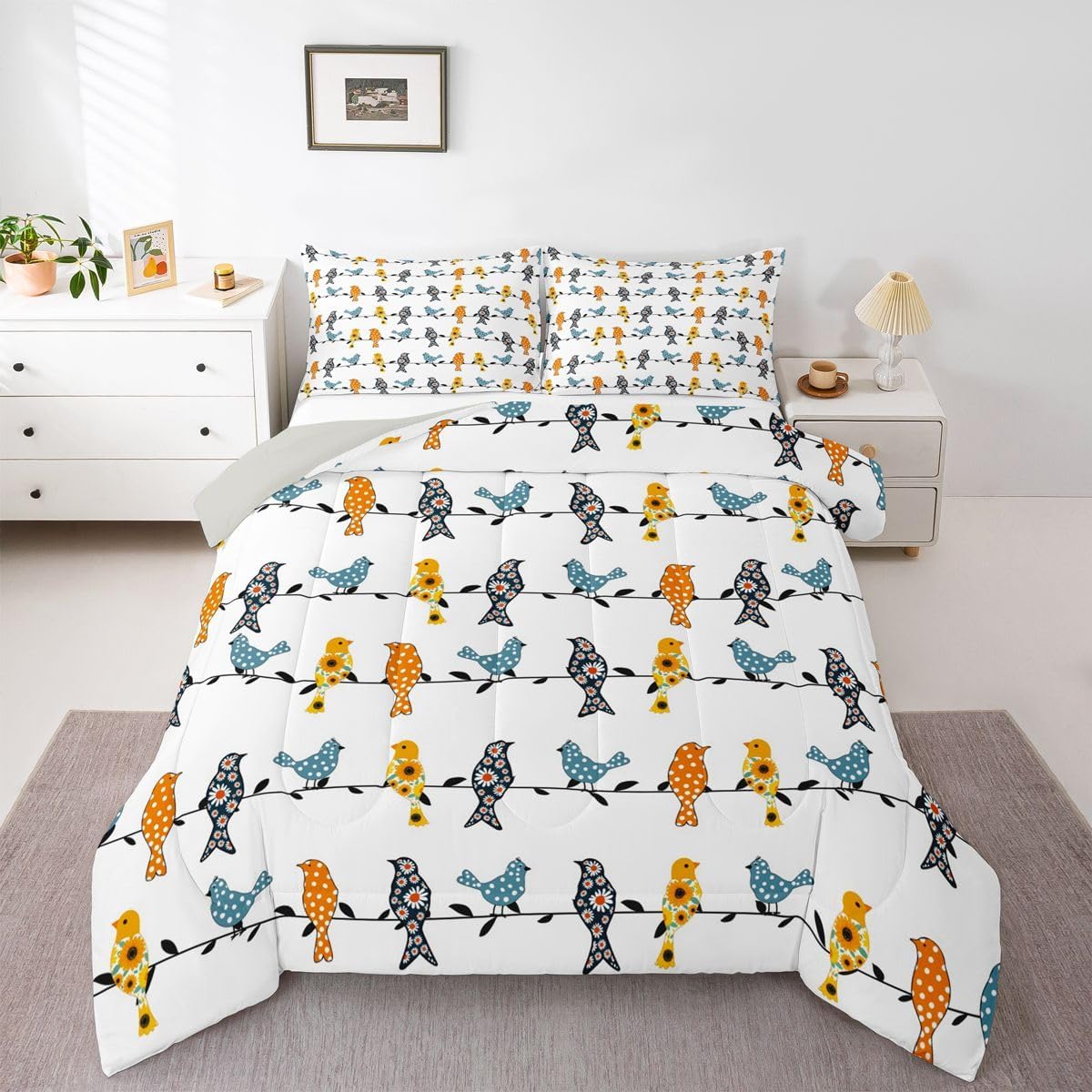 Erosebridal Birds Comforter Set, Twin for Kids Boys Girls Adult Bedroom College Dorm Christmas Decoration,Colorful Floral Animal Bird Print Down Comforter Nature Rural Countryside Style Quilted Duvet