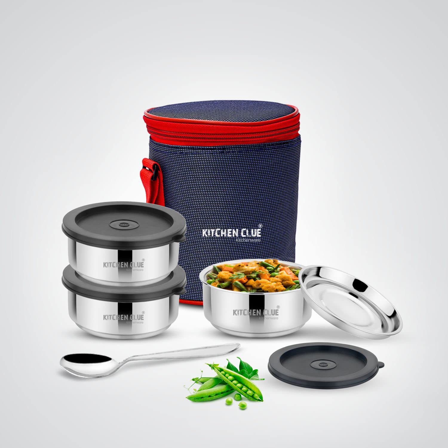 KITCHEN CLUE Stainless Steel Lunch Box/Tiffin Box for Office Men, 3 Pcs Insulated Lunch Containers with Airtight & Leak-Proof Lids I 1 Spoon I 1 Insulated Fabric Bag I Ideal for School Kids & Adults