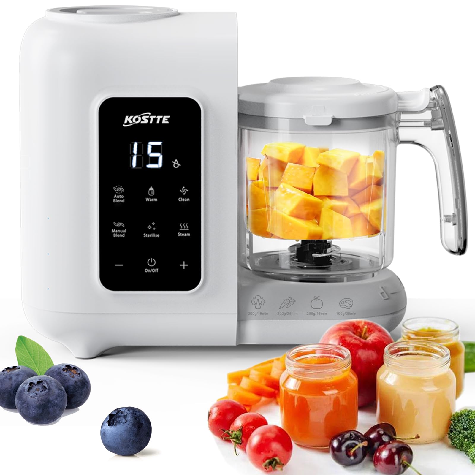KOSTTE Babynahrungszubereiter 6-in-1, Dampfgarer Mixen mit Auftauen, Aufwärmen, Automatische Reinigungsfunktion, Babybrei Zubereiter Multifunktion, Baby Food Maker, Weiß
