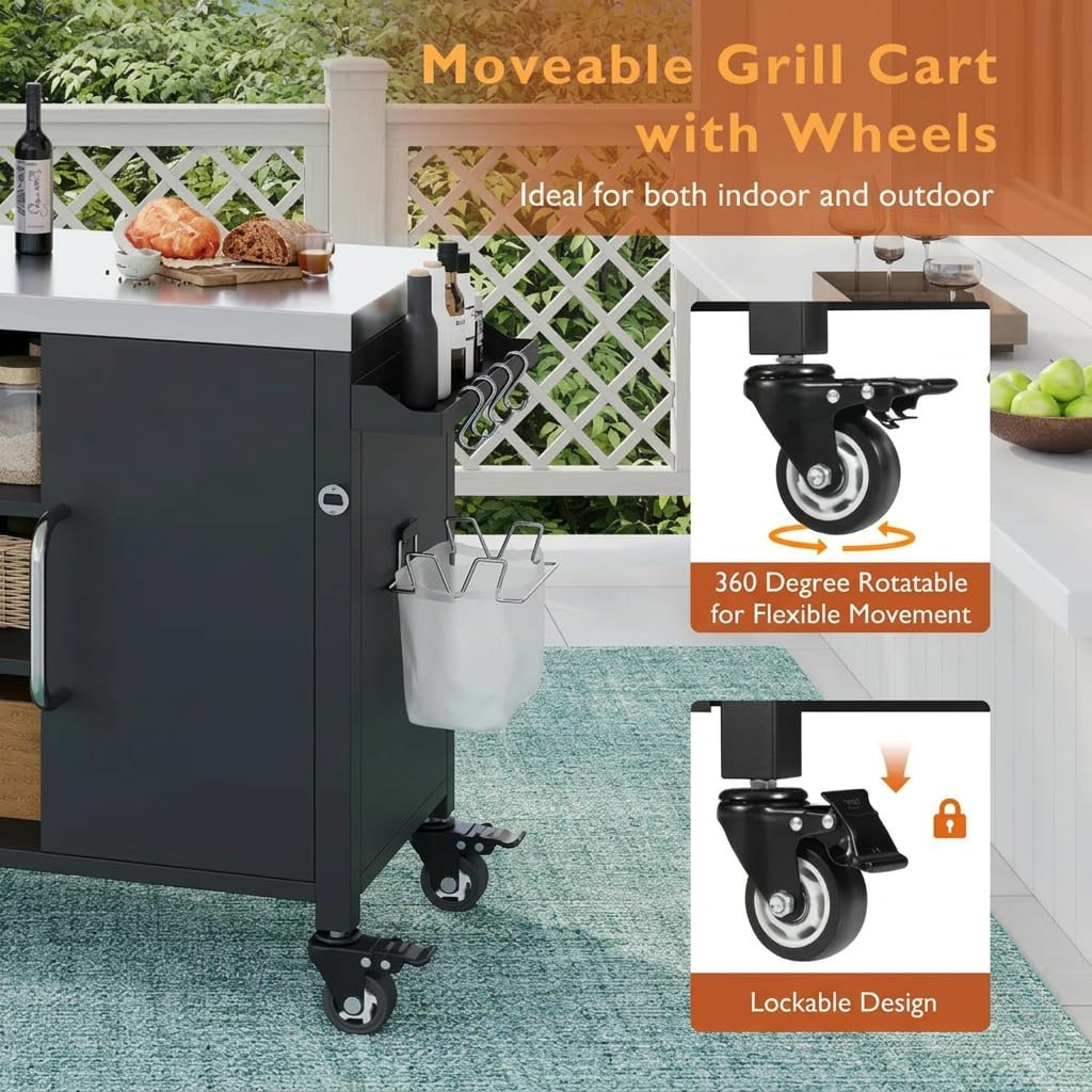 Casaphoria 55.5" Outdoor Kitchen Island with Sink, Stainless Steel BBQ Grill Cart & Pizza Oven Table, Portable Bar Station with Lockable Wheels for Patio Lawn Garden