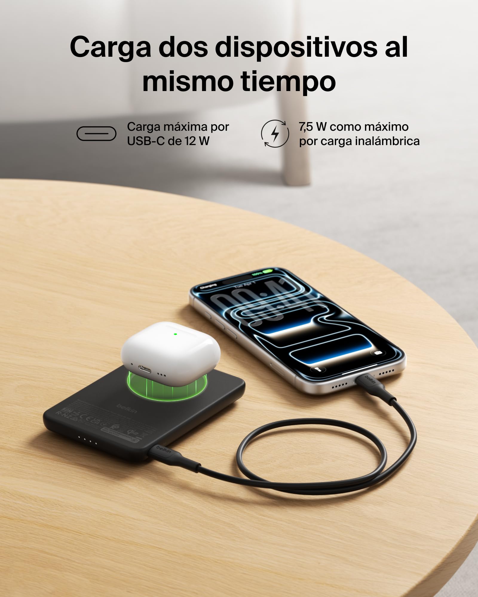 Belkin BoostCharge Batería Externa 5000 mAh con Anillo Magnético - Negro | Power Bank 5000 mAh, Anillo Magnético para Accesorios, 1 Puerto USB-C, Precargada y con Cable, Batería Portátil Inalámbrica