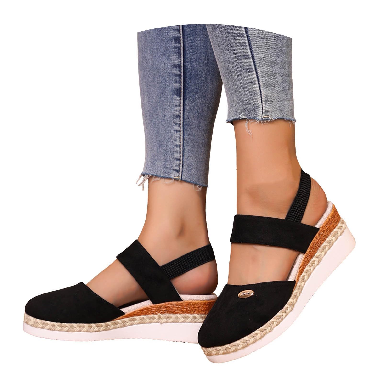 Wedges Sandals for Women Dressy Summer 2026, Elastic Ankle Strap Closed Toe Espadrille Wedge Sandal Dress Faux Suede Platform Wedged Sandals Casual Shoes for Beach Travel Working