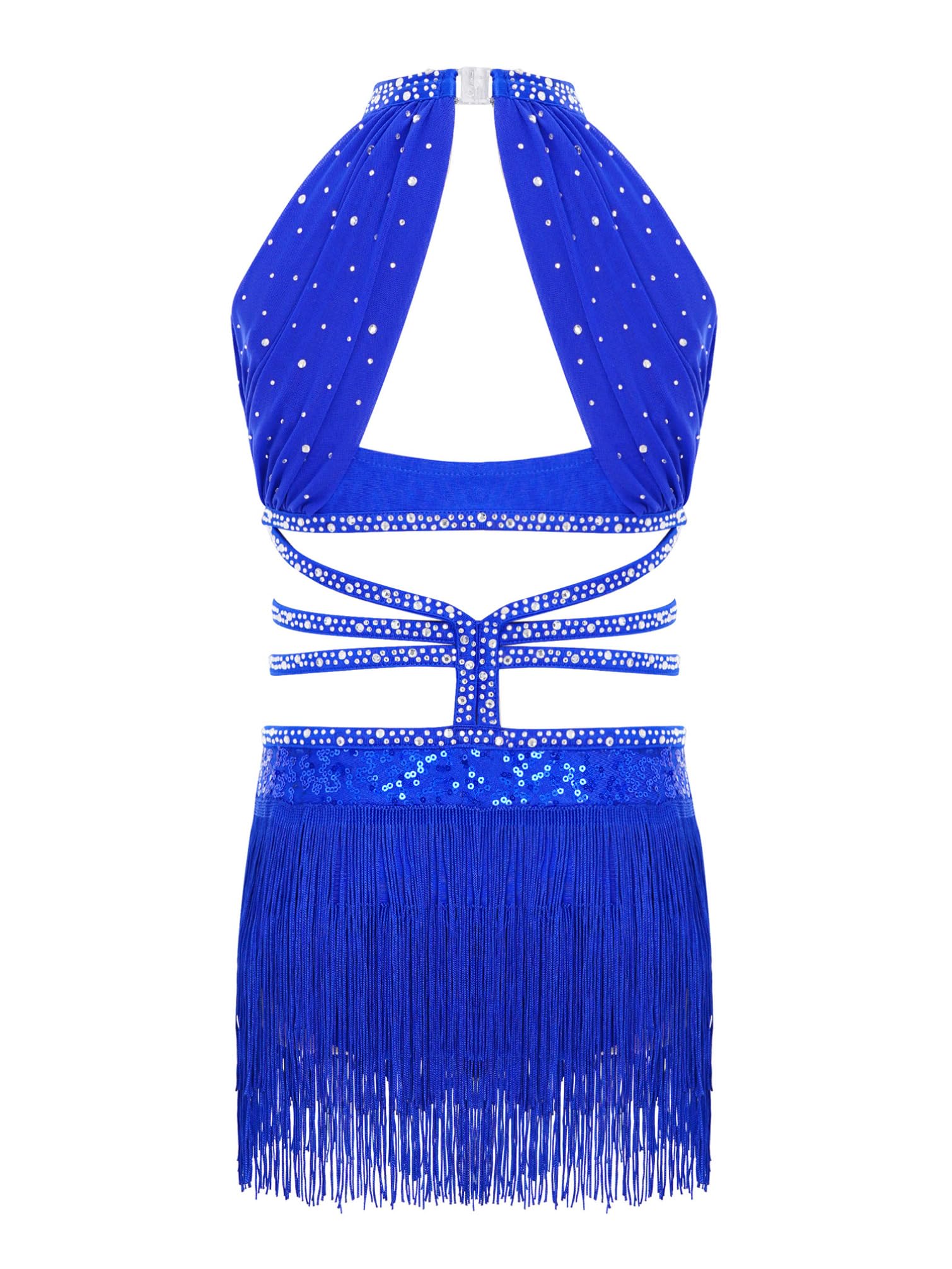 TiaoBug Costume da Ballo Latino Americano Tango Bambina con Frange Paillettes Vestito da Danza Classica Moderna con Nappe Strass Abito da Pattinaggio Artistico Lucido
