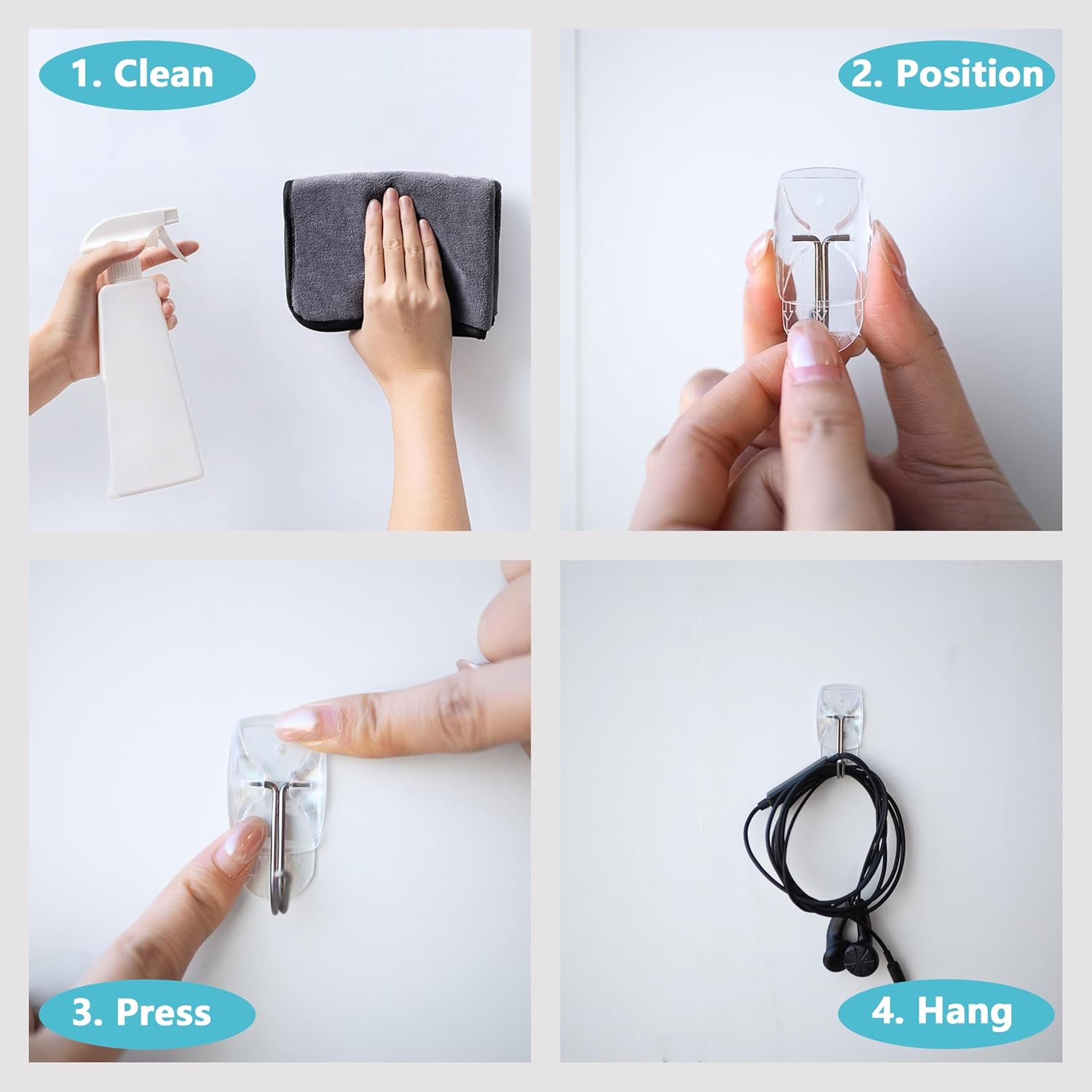 JELLYSUB 15-Hooks, 30-Strips, Clear Small Wire Toggle Hooks Value Pack, Organize Damage-Free Utility Hooks, Hanging Hooks Heavy Duty with Adhesive Strips, No Tools Wall Hooks for Hanging