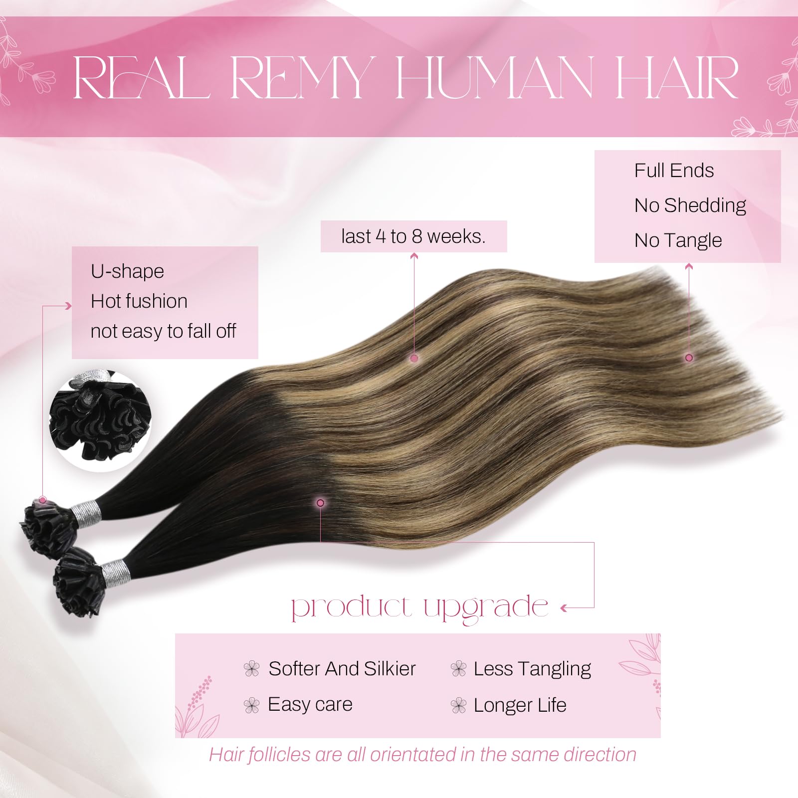 Moresoo U Tip Hair Extensions Real Human Hair 18 Inch Balayage Natural Black to Dark Brown and Caramel Blonde Pre Bonded Hair Extensions 50s 50g/Pack #1B/3/27 - Image 2