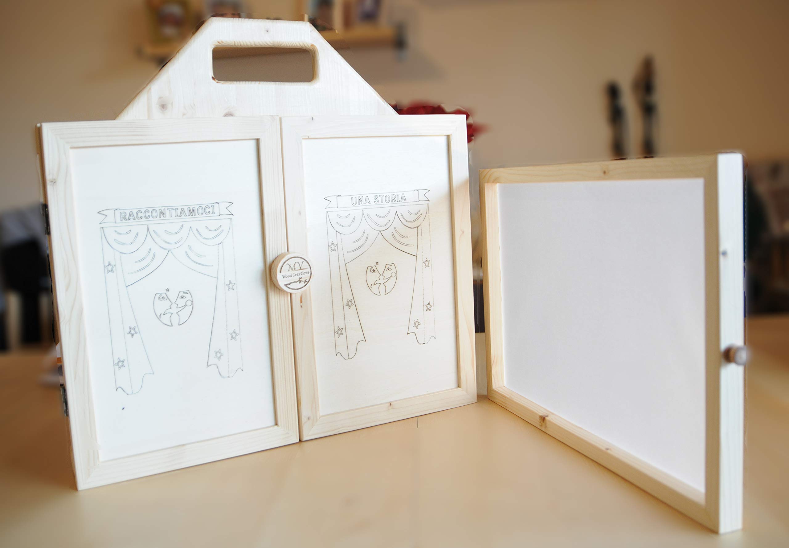 Teatrino in Legno fatto a Mano, Gioco Portatile per Bambini. Kamishibai. Teatro Giapponese delle Ombre + Scatola con Personaggi, Marionette in Legno "Animali nel Bosco".