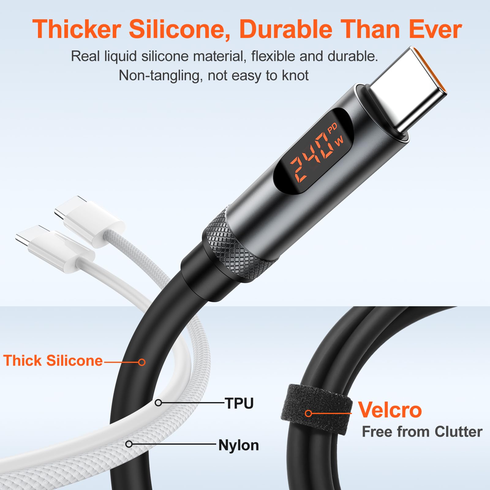 Cable USB C a USB C de 240 W con pantalla, [4 pies/3 unidades] Cable de carga USB C a USB C, cable de carga rápida tipo C compatible con iPhone 16/15 Pro Max, Galaxy S25/S24, MacBook Pro/Air, iPad