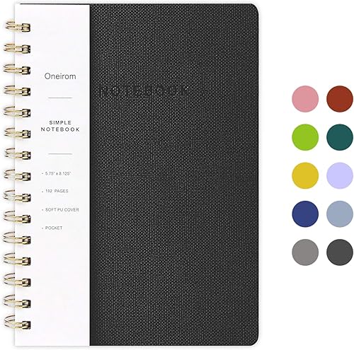 Oneirom, cuaderno con espiral, 6.10 x 8.19 pulgadas, cuaderno rayado con bolsillos interiores y 160 páginas, tapa de cuero sintético, cuaderno de