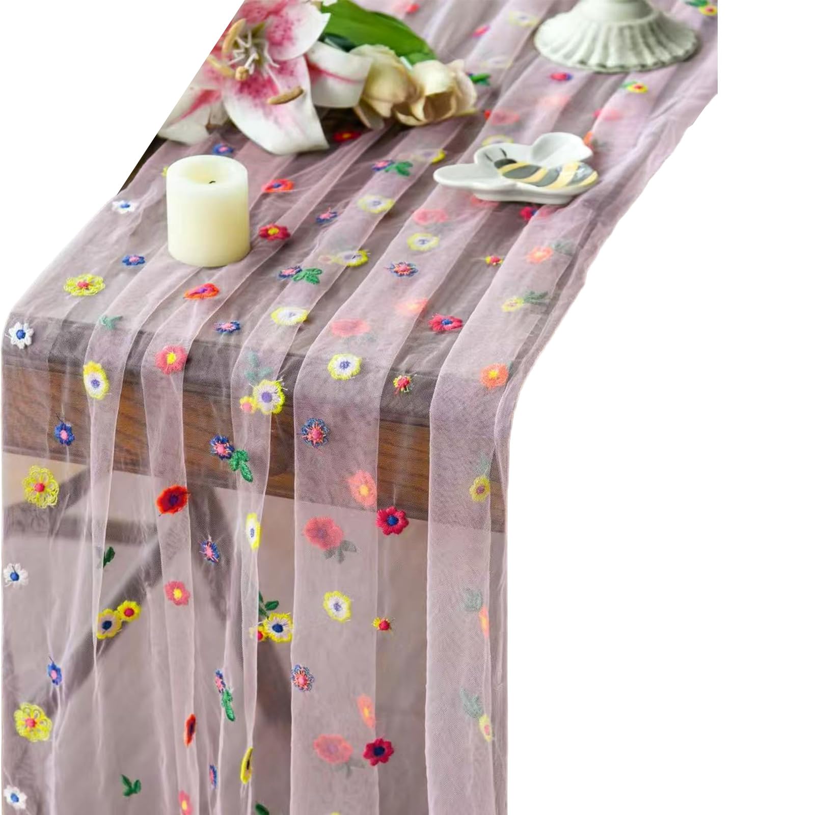 Sisyeuo Florals Lace Tablecloth Fade Resistant Polyester Fabric Rectangular Table Decoration Colorful Lace Table Runner
