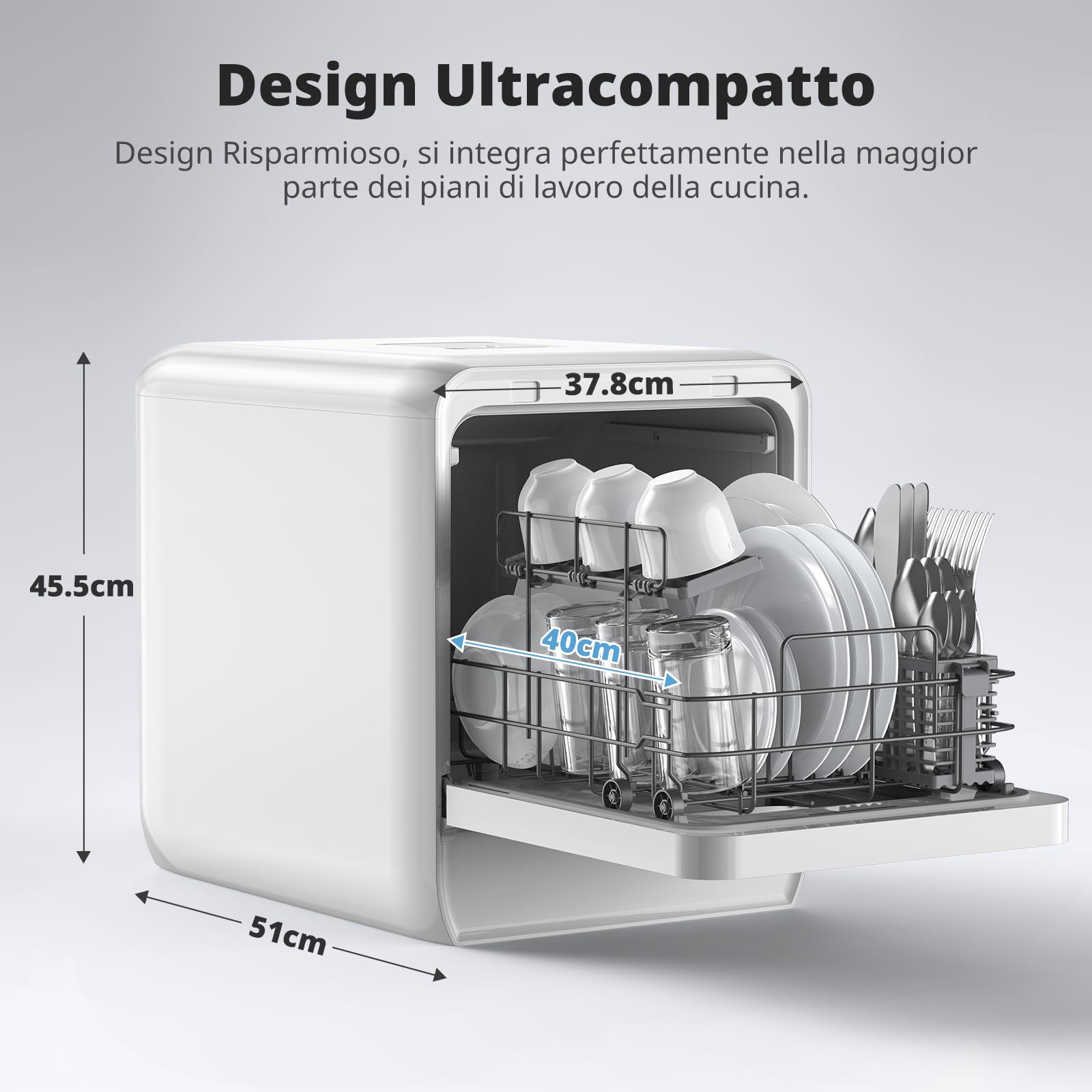 AIRMSEN Lavastoviglie Portatile, 7+2 Programmi, Serbatoio 5L, 4 Coperti, Design Ultra-Stretto 37x50cm, Avvio Ritardato 1-24H Doppio Getto 360°, Con/Senza Tubo Per Cucina, Appartamento,Bianco (Bianco)