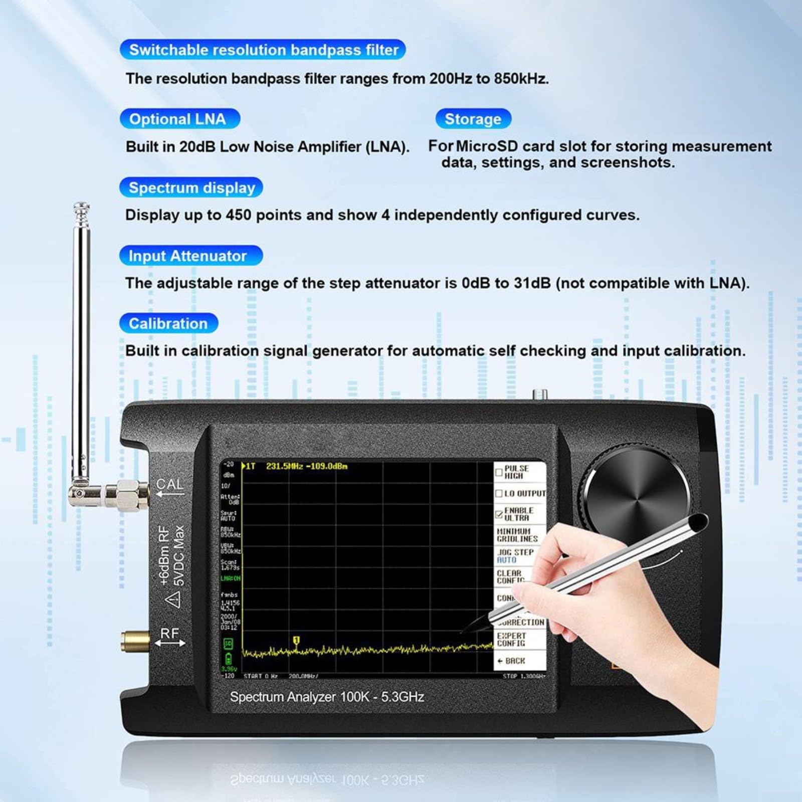 10,2 cm (4 Zoll) IPS LCD Handheld für Spectrum Analyzer SA5, 100 kHz - 5,3 GHz Frequenz Harmonic Analyzer mit Signalgenerator, 5000 mAh Akku, Typ-C, Kartensteckplatz (A)