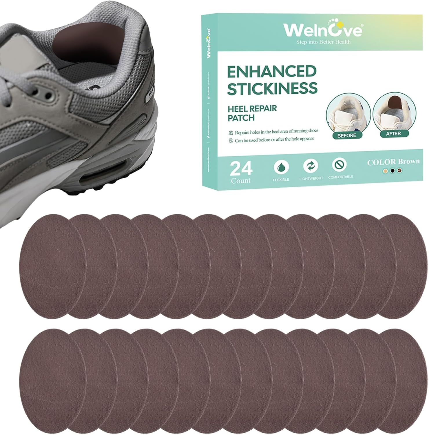 Welnove 24 Pcs Shoe Repair Patches - Ultra-Soft Breathable Fabric Adhesive Inside Patch for Sneakers, Heels, Dress Shoes to Fix Holes in Heel & Toe & Insoles, Shoe Pad Can Cut to Fit