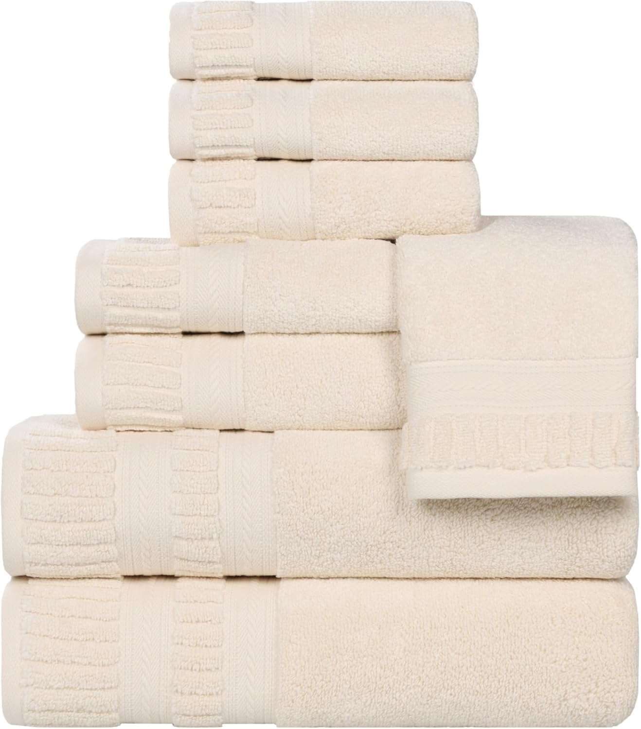 Superior Venice Zero Twist Cotton Medium Weight Towels, for Guest Bath, Bathroom, Shower, Spa, Plush Towels, Bath Essentials, Ribbed Textured Border, 8 Piece Assorted Towel Set, Ivory