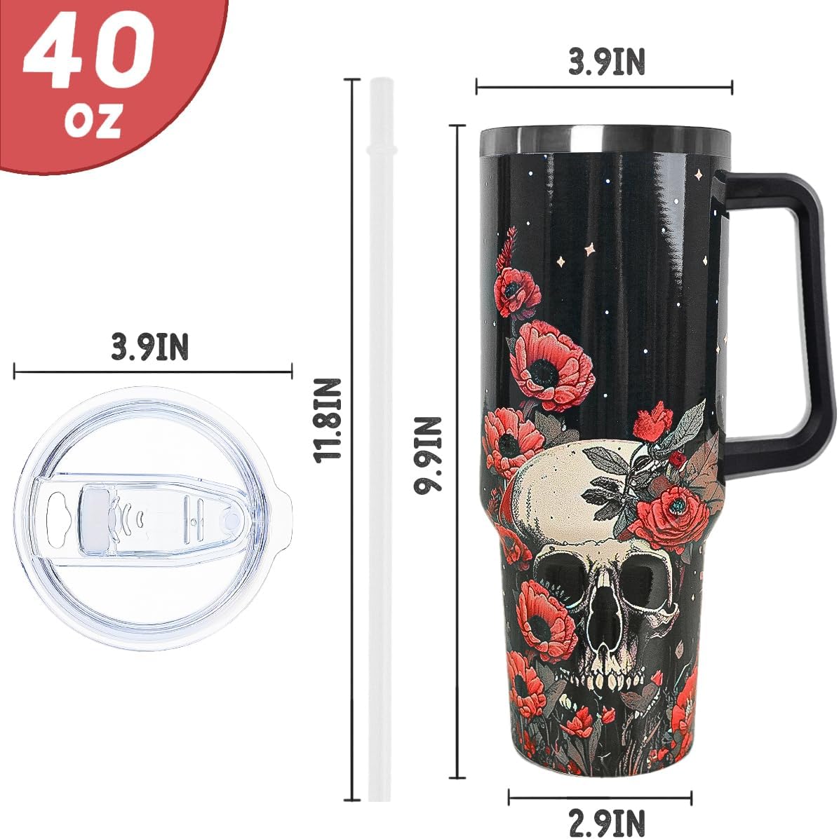 Skull Tumbler with Handle and Straw 40 oz Gothic Skull Coffee Travel Mug Goth Flowers Style Insulated Cup Water Bottle Halloween Goth Stuff Gifts Decor for Women - Image 4