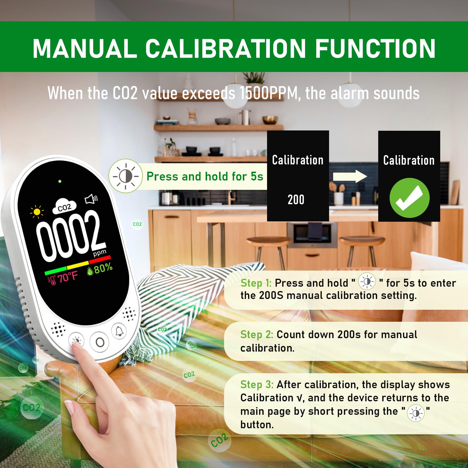 LSENLTY Upgraded CO2 Detector Plug in Wall Design,3 in 1 Air Quality Detector(Temp, Humidity and CO2 Value), High Accuracy Air Quality Monitor with Threshold Reminder and Manual Calibration for Home — Amazon image 6