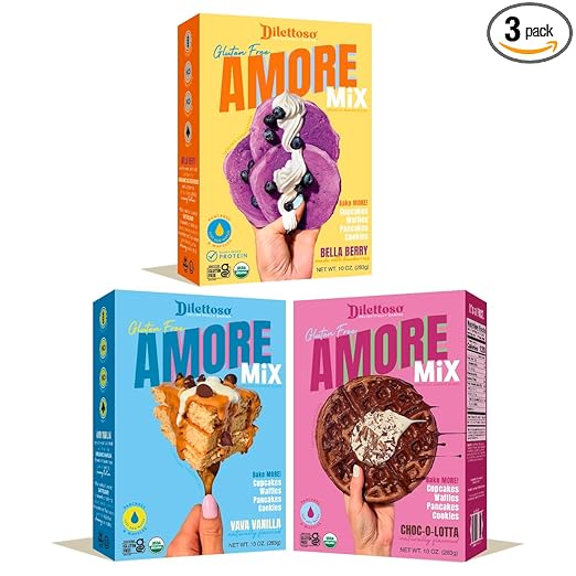 Dilettoso's Organic Gluten-Free Oat Flour Baking Mix | Variety Pack: Vanilla, Chocolate, and Wild Blueberry | Pancakes, Waffles, Cupcakes, Brownies, and Cookies | 10oz AMORE Mix (3 Boxes)
