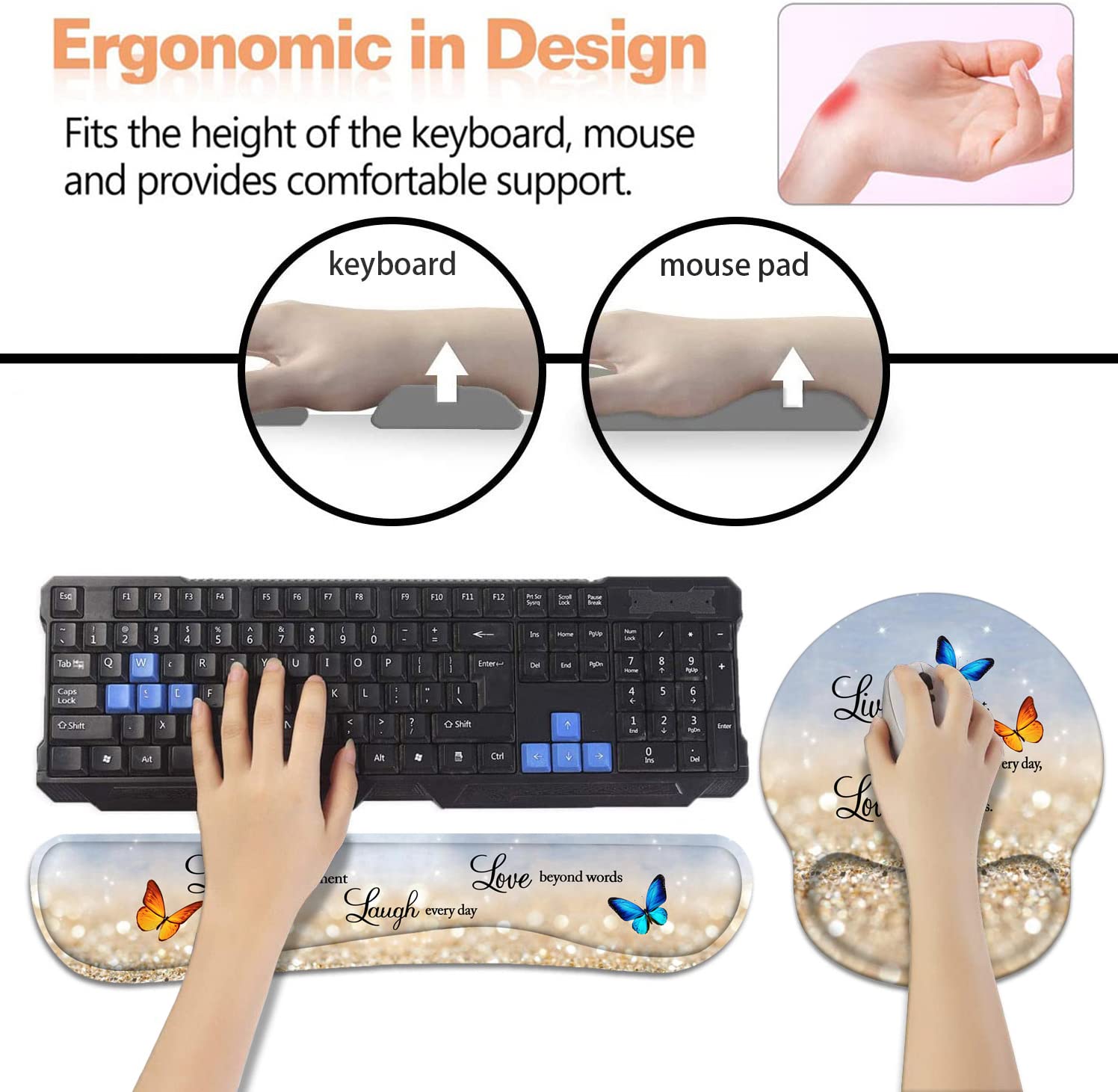 Podkładka pod nadgarstek pod klawiaturę + podkładka pod mysz, zestaw z podstawkami, antypoślizgowa podstawa PU, ergonomiczna podkładka pod mysz do domu, biura, pracy, nauki, łatwe pisanie i ulga w