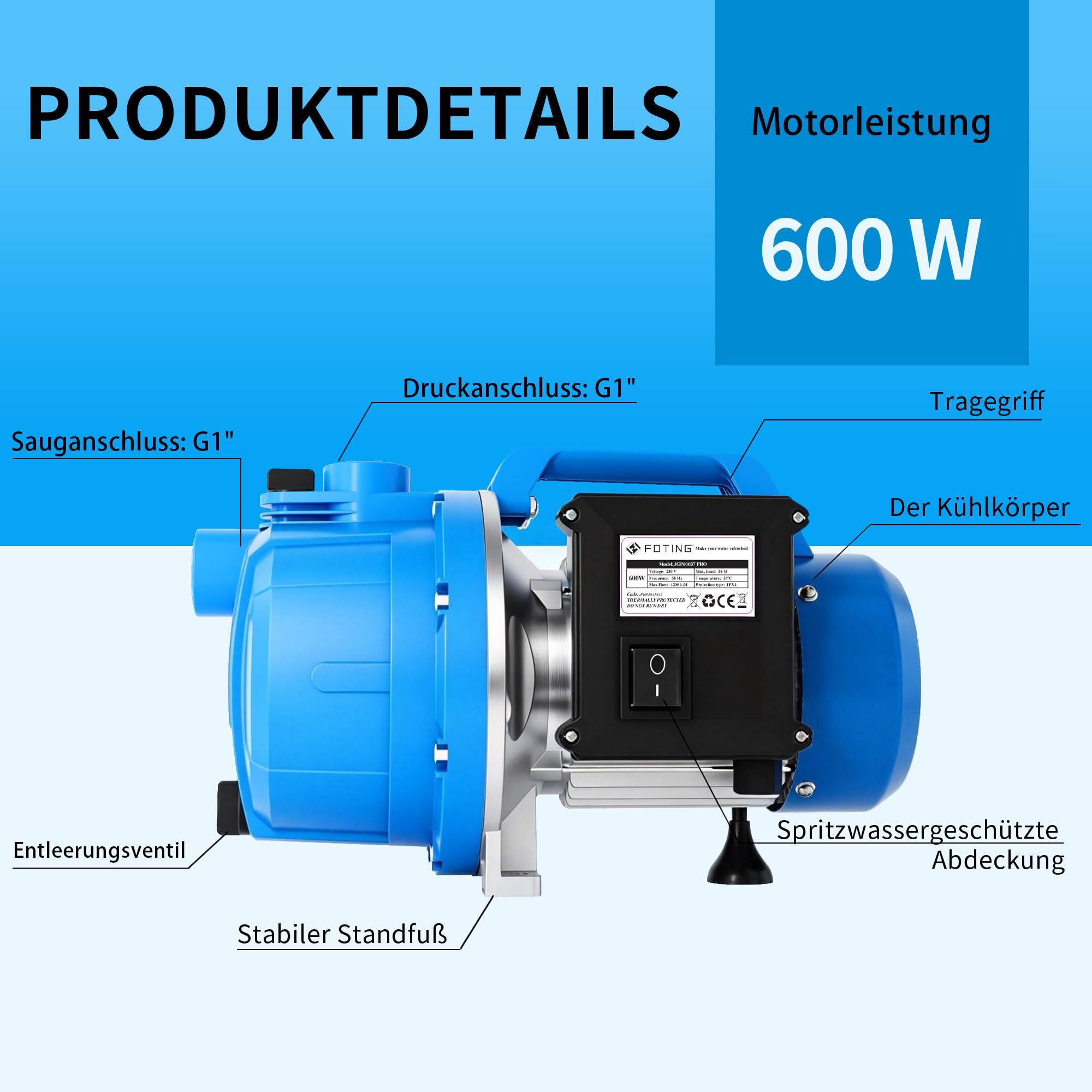 FOTING Gartenpumpe 600 W, max. 4.200 l/h, max. 38 m Förderhöhe, max. 4,5 bar, Saughöhe bis 7 m, für Haus & Garten, mit Tragegriff & Entleerungsventil, Überhitzungsschutz, G1" Saug-/Druckanschluss
