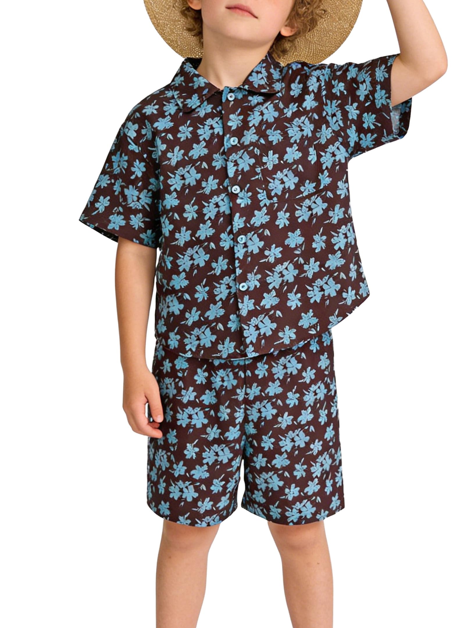 Photo 1 of Glorycat Boy Clothes Summer Outfits Toddler 2 Piece Kids Floral Hawaiian Shirt and Shorts Set for Casual Beach Vacation,Blue for 4-5Y