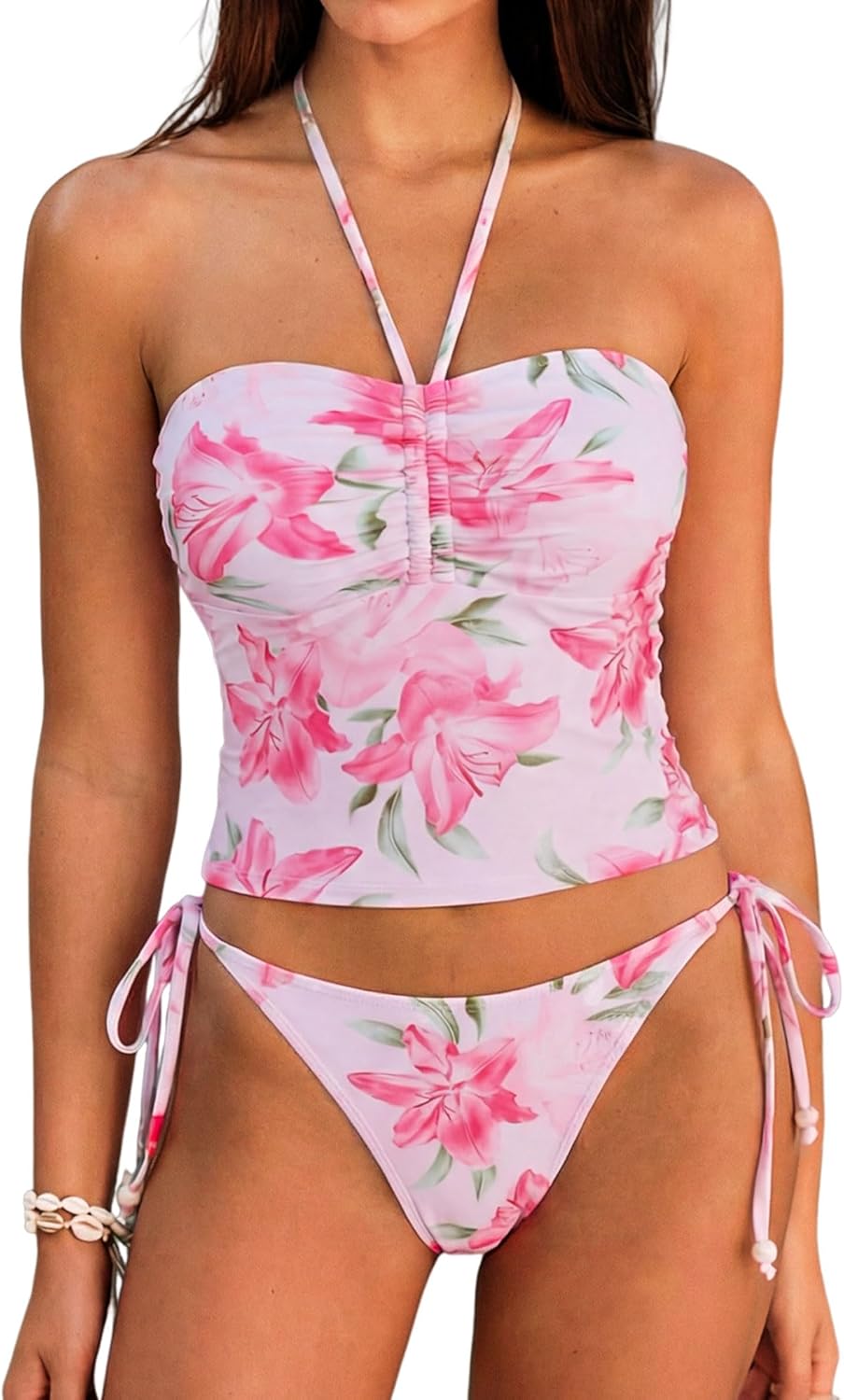 ZAFUL Floral Halter Bandeau Tankini Set Two Piece Tie Side Ruched Tube Bikini Set Swimsuit Bathing Suit