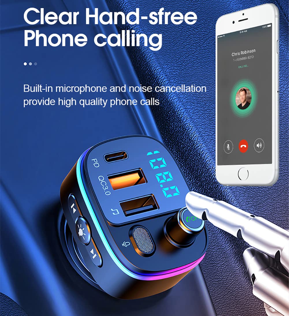 Bluetooth FM Transmitter for Car, Car Radio Bluetooth Adapter with QC3.0 & PD 18W Type C USB Charger Noise Cancellation Supports Siri Google Assistant