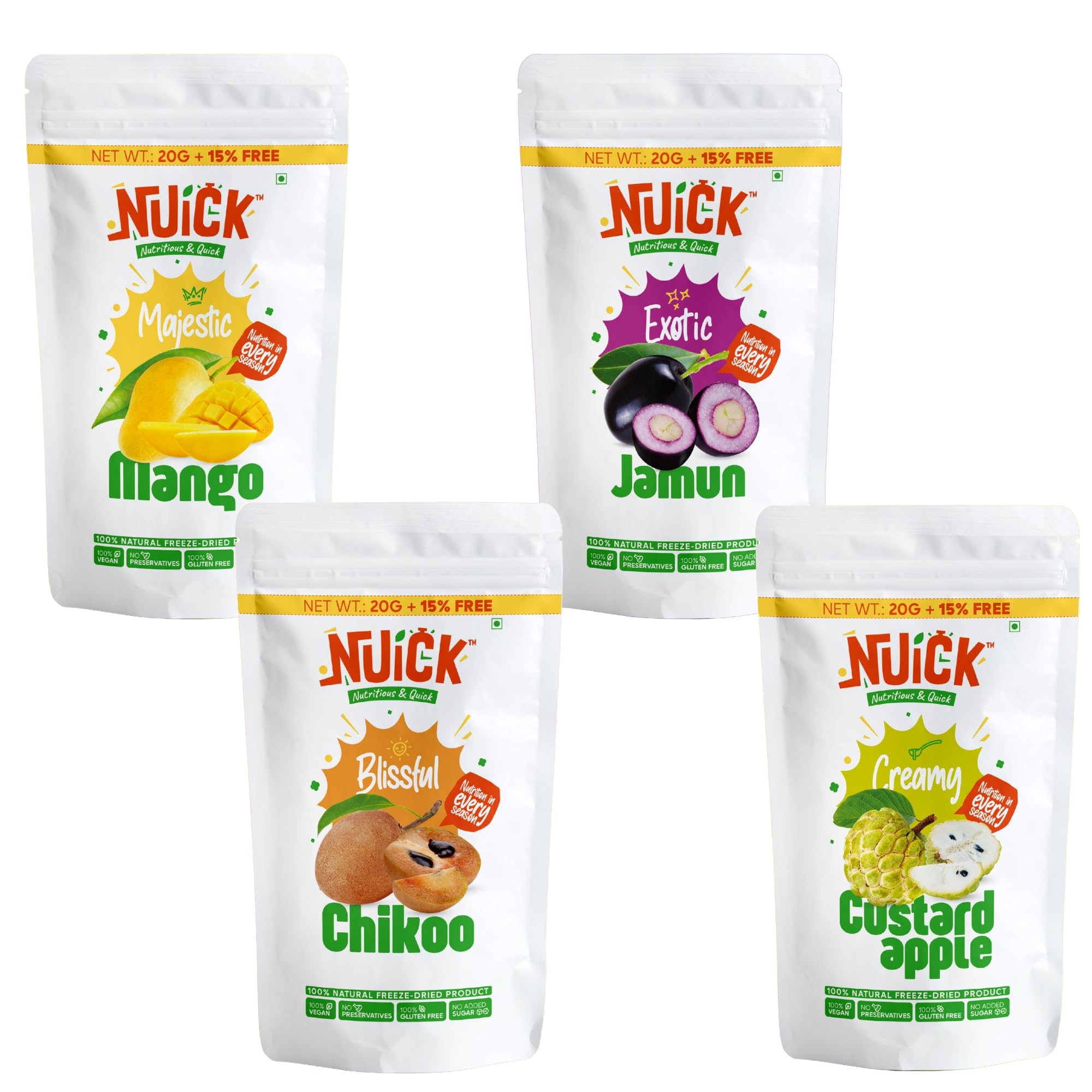 NUICK Combo of Freeze Dried Mango Chunks, Chikoo Slices, Custard Apple Chunks & Jamun | 23g x 4 | 100% Natural fruit, No Preservative, No Added Sugar, Not Frozen | Nutritious & Crunchy Snack (B0DCBZBNKY) Amazon Price History, Amazon Price Tracker