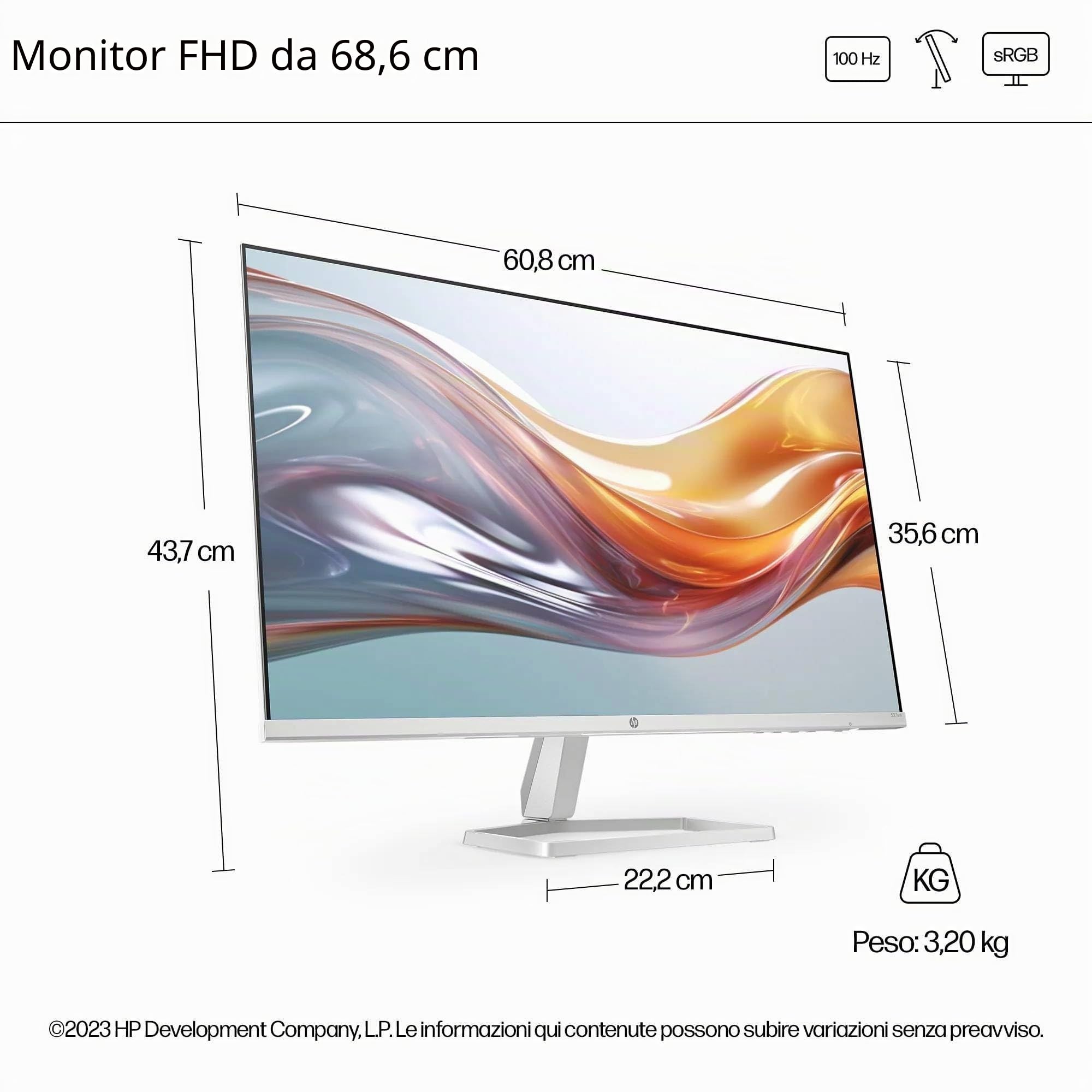 HP 527sw Monitor, Schermo da 27" FHD IPS Antiriflesso, Tecnologia Eye Ease, Tempo Risposta 5 ms GtG Overdrive, Risoluzione 1920 x 1080, Software Display Center, HDMI, Bianco