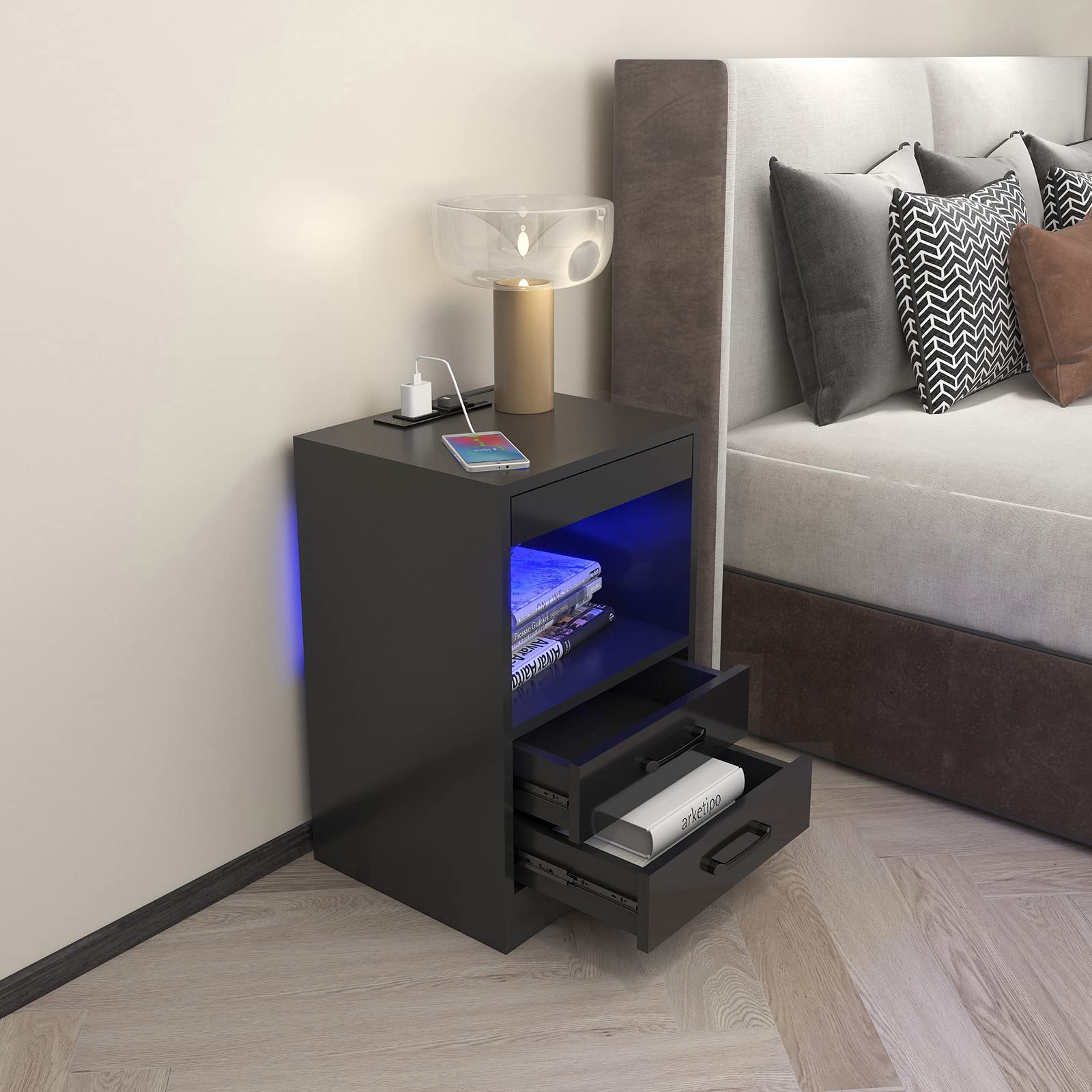 Lvhecforhm Comodino Con Stazione di Ricarica, Camera da Letto Moderni Nero, Presa e Porta USB, Illuminazione LED 16 Colori Regolabile, 2 Cassetti