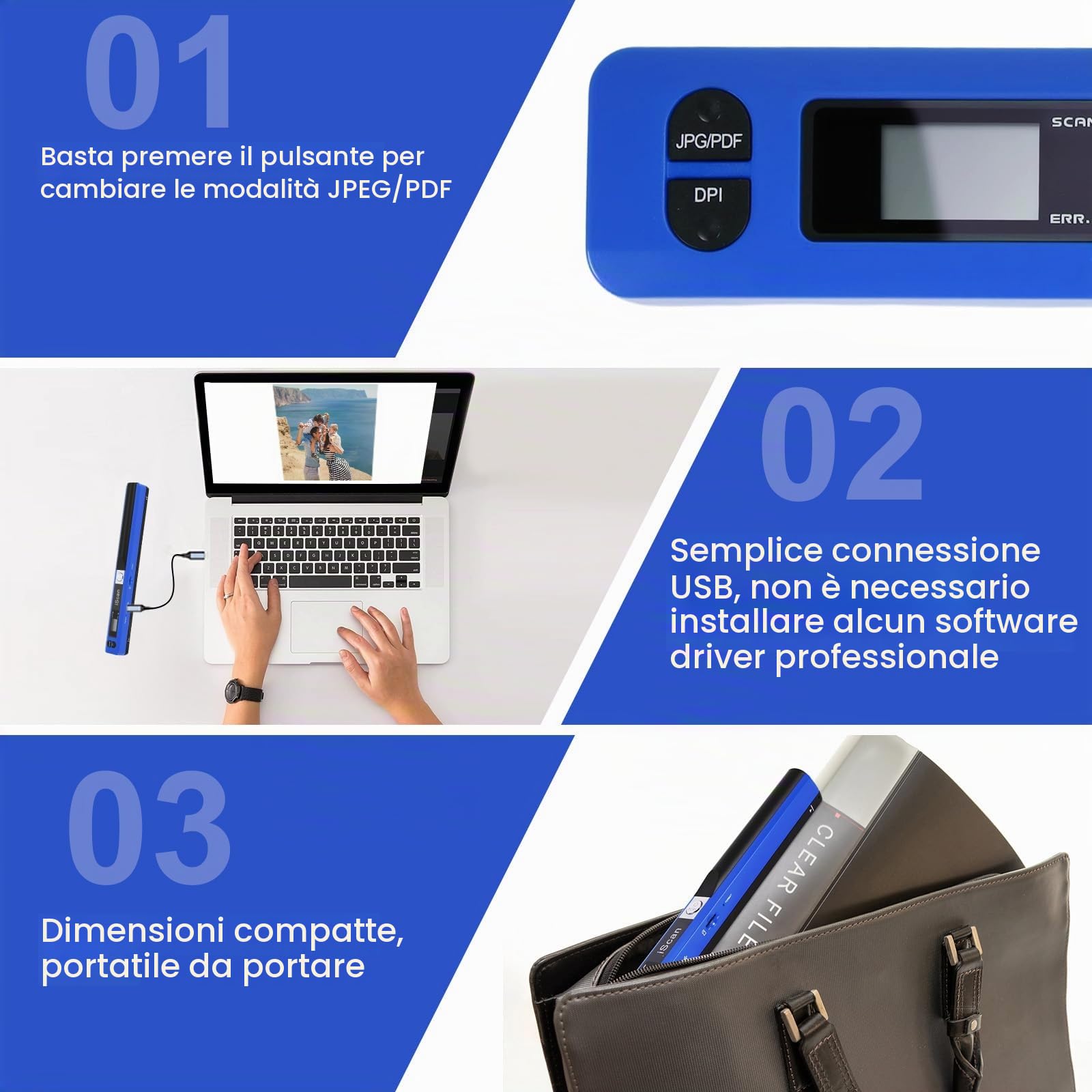 Scanner Per Documenti Portatile, 900 Dpi, Scanner di Immagini USB A4 a Colori, Scanner Portatile Per Foto, Scansione Pratica (Micro Bisogno di Schede SD/TF) (Blu)