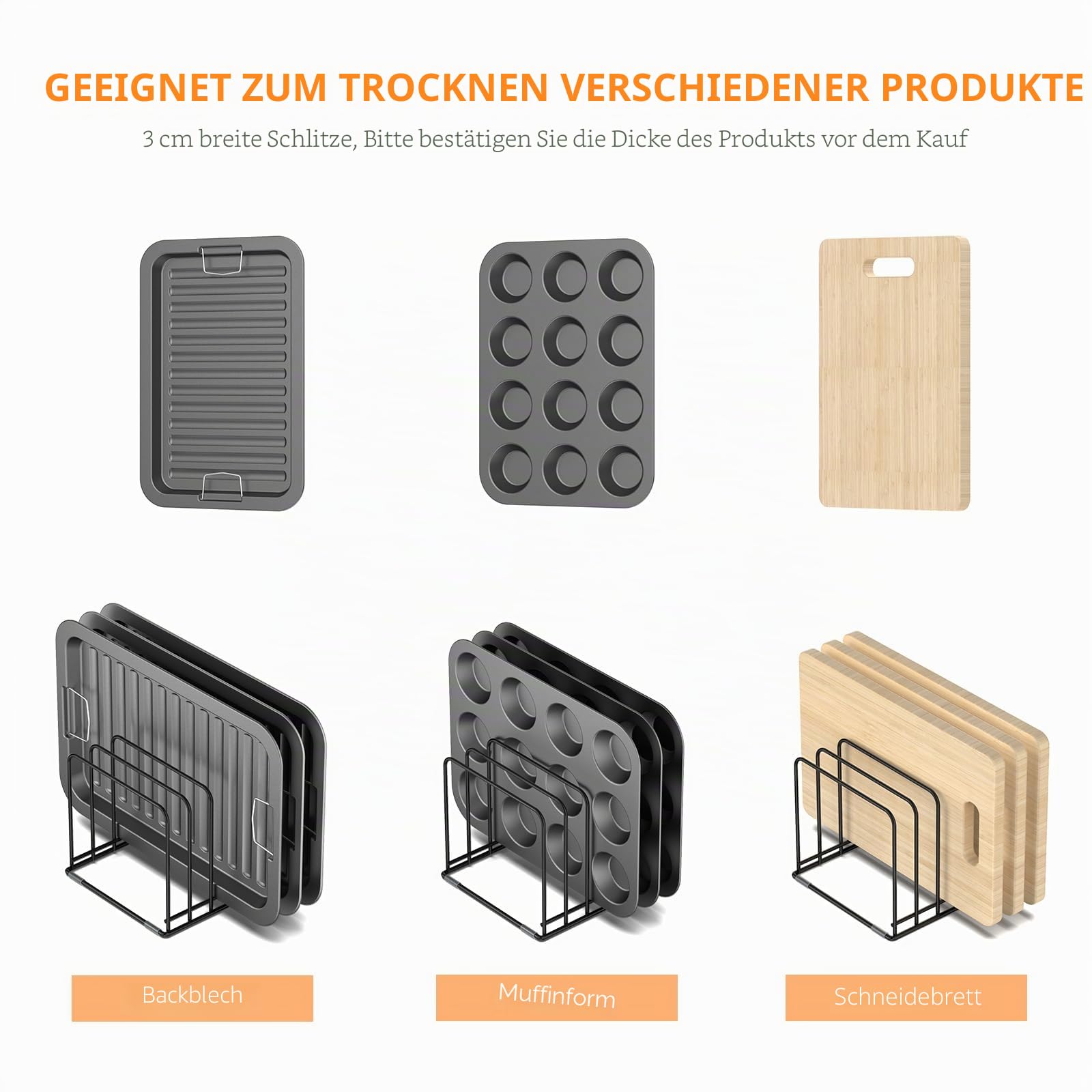 KORRTFID Küchenschrank-Organizer, Stahl-Kochgeschirrhalter, geteilter Halter mit 5 Schlitzen für Bratpfannen, Backblech und Schneidebrett-Gestell – Pfannenhalter Aufbewahrung (1 Stück)