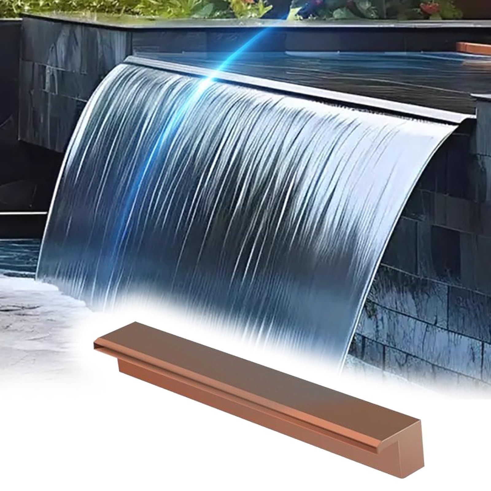 Déversoir de cascade personnalisable en acier inoxydable - Fontaine murale de 12 à 78 pouces avec raccord en PVC, finition bronze élégante, idéale pour les bassins extérieurs, les jardins et