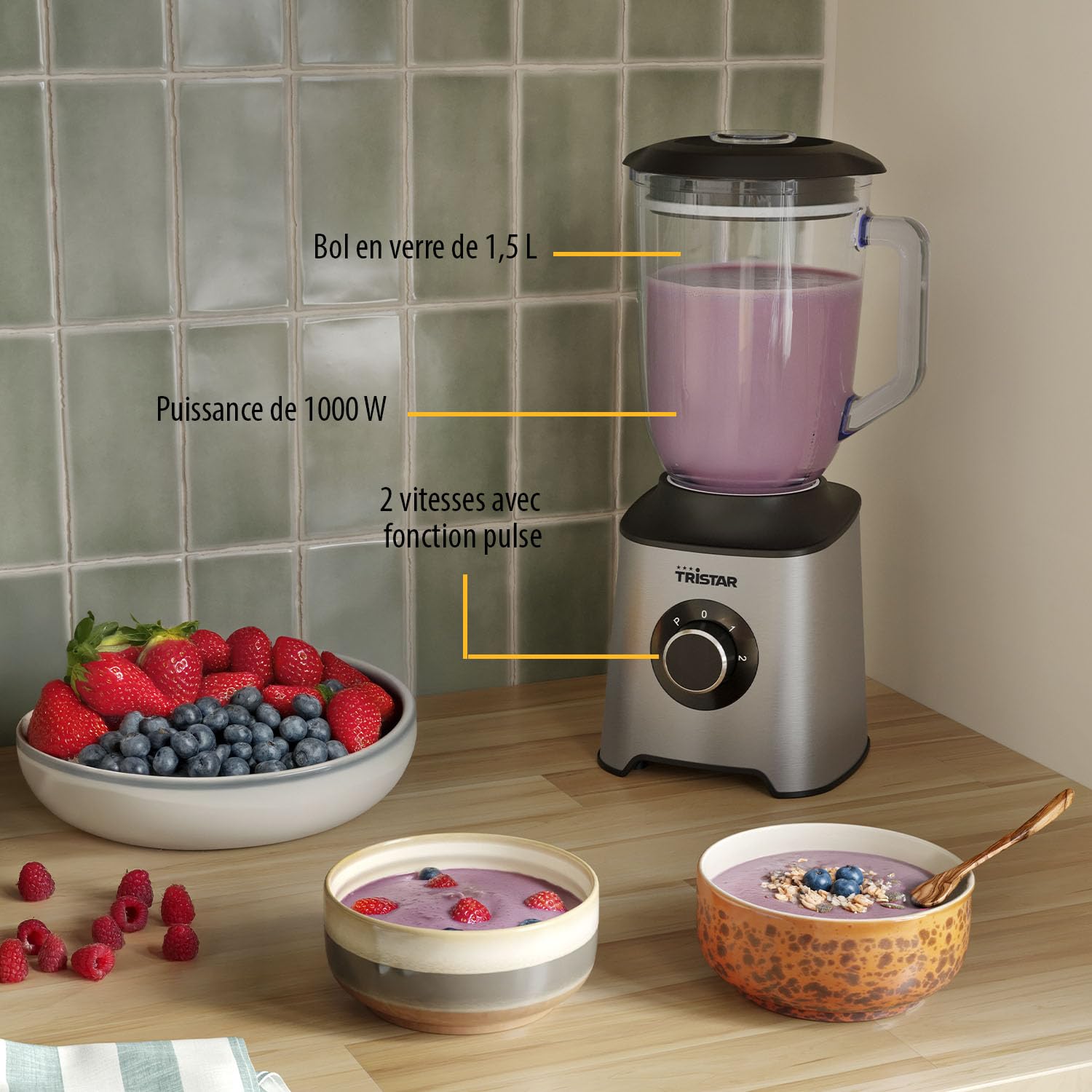 Tristar Blender de Table, Bol en Verre 1,5 L, Moteur 1000 W, Corps en Acier Inoxydable, 2 Vitesses, Facile à Nettoyer, BL-4489