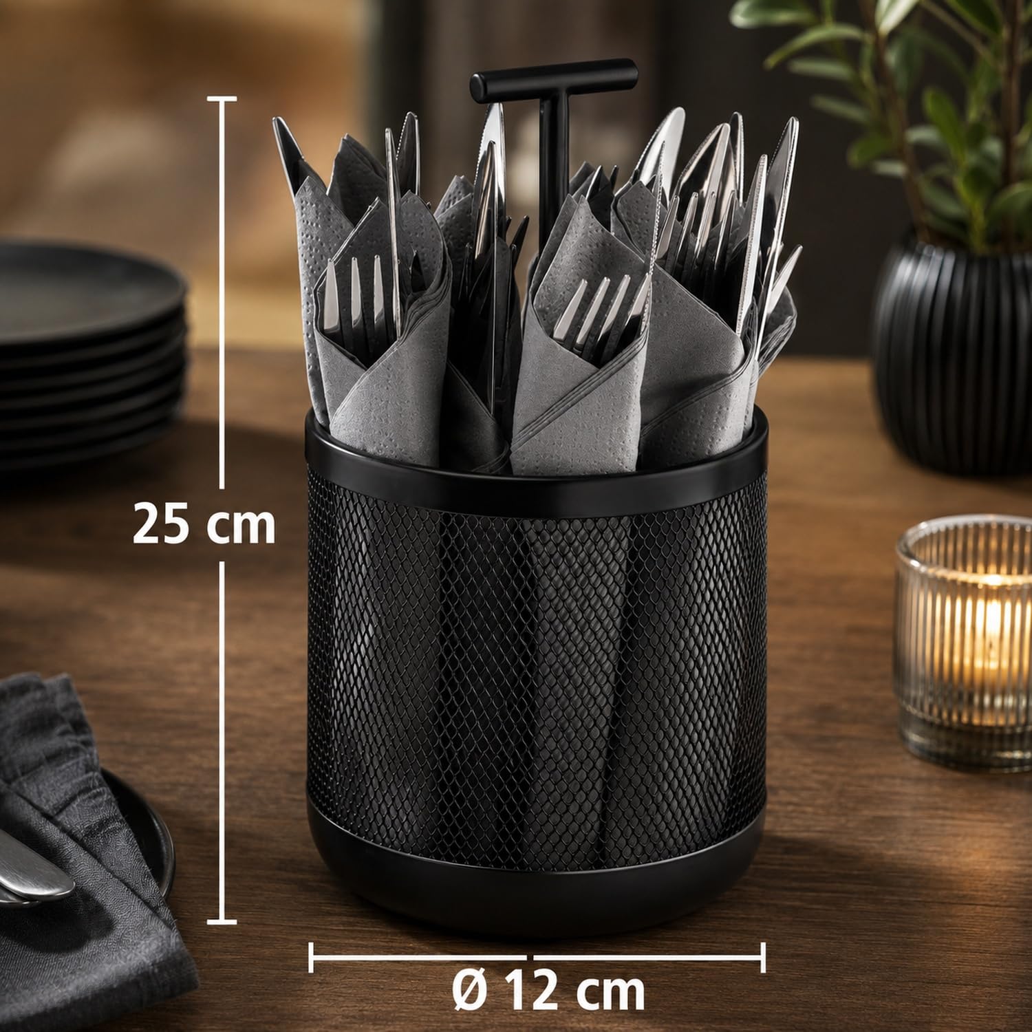 APS 11755 pojemnik na sztućce DART, metal, Ø 12 cm, wysokość 25 cm, spód chroniący meble, 3 przegródki, czarny