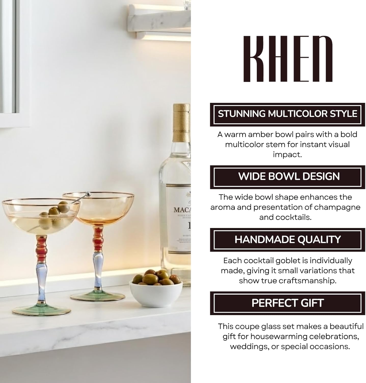 Italian Design Renaissance Amber Cocktail, Martini & Champagne Coupe Glasses (Set of 2) – 7.8oz Gilded Vintage Artisan Saucers, Elegant Wide-Bowl Multicolor Gold Rim Stemware, Weddings & Luxury Gifts