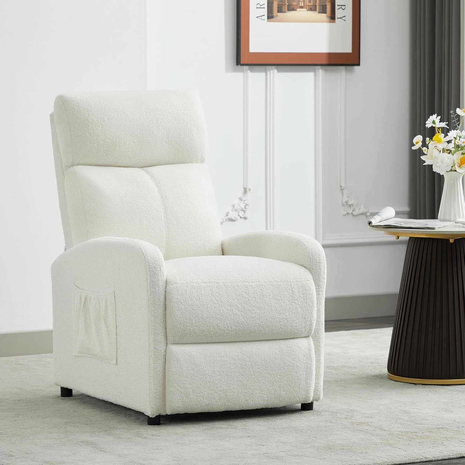 mcc direct Push Back Recliner Chair, Soft Fabric Single Pushback Sofa with Lumbar Support, Padded Backrest, Side Pocket and Adjustable Leg Rest for Home Living Room Theatre (Cream White)