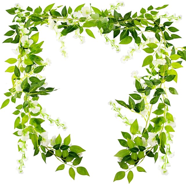 WXJ13 2Pcs x 2m Artificial Wisteria Vine Garland Flowers Fake Hanging Flowers Rattan Plants for Wall Home Party Garden Wedding Decoration White 7ft / 2m