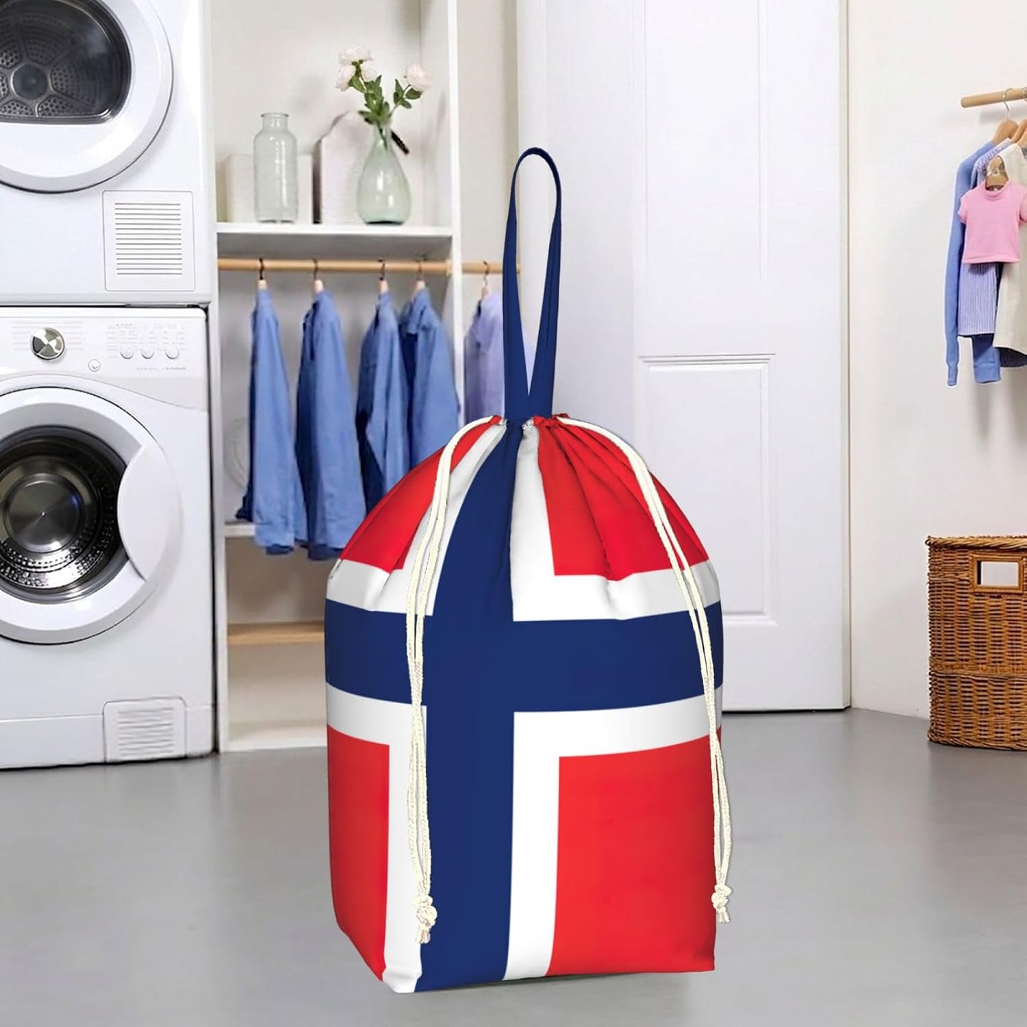 Oxford Norwegian flag Print Large-capacity drawstring laundry bag with Handles for Dorm,Hotel