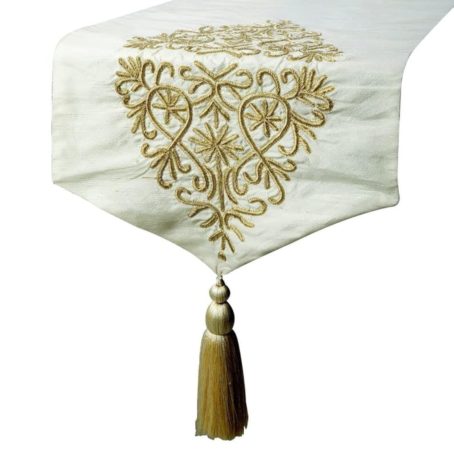 The HomeCentric Decorative Ivory Gold Table Runner 8 Seater Table Runner (40 x 270 cm), Tassels Zardozi Table Runner, Silk fabric Table Linen, Damask Pattern Contemporary Style Wedding Décor - Ishana
