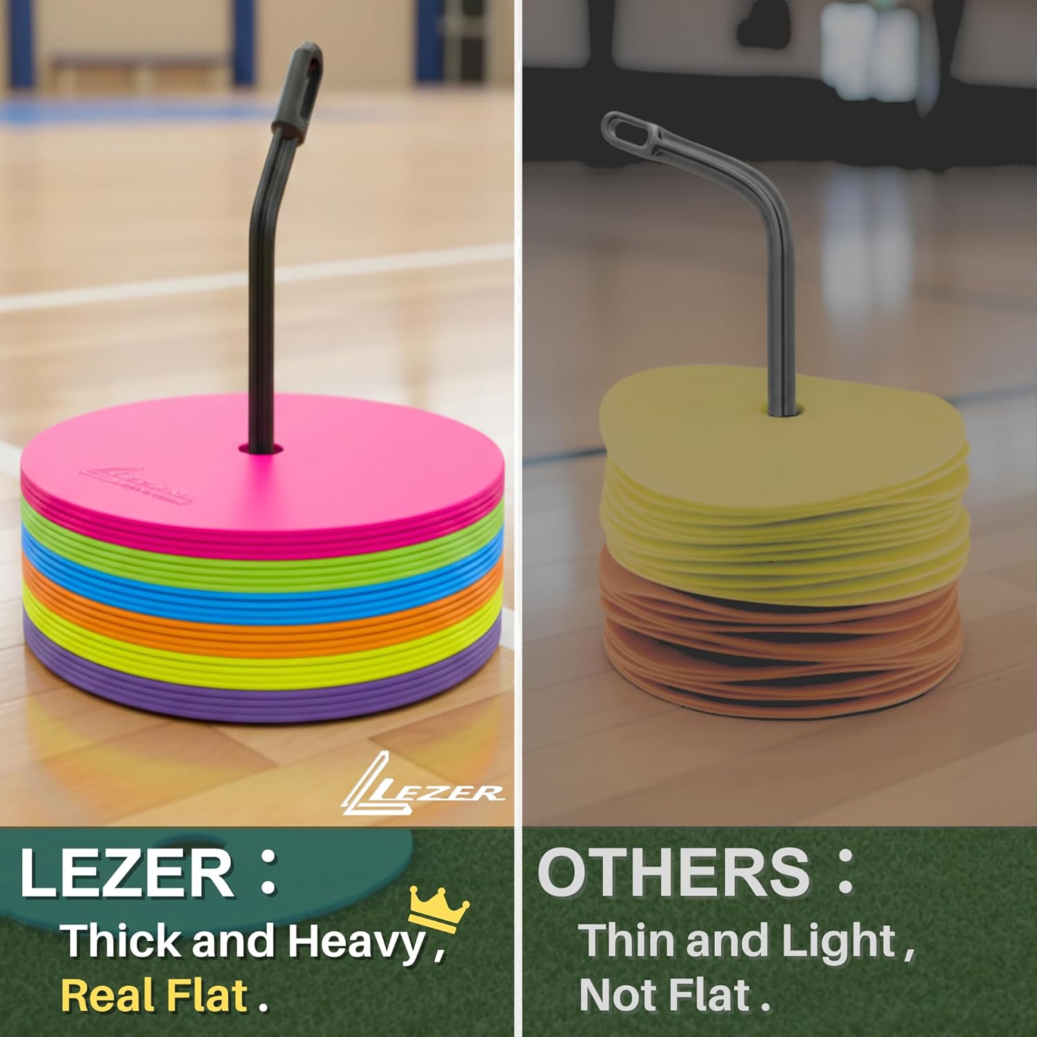 LEZER 9 Inch Flat Cones, Spot Markers, Soccer Cones, Field Court Markers, Sit Spots, Flat Discs, Soccer Training Equipment, Agility Practice, Football, Made in Taiwan