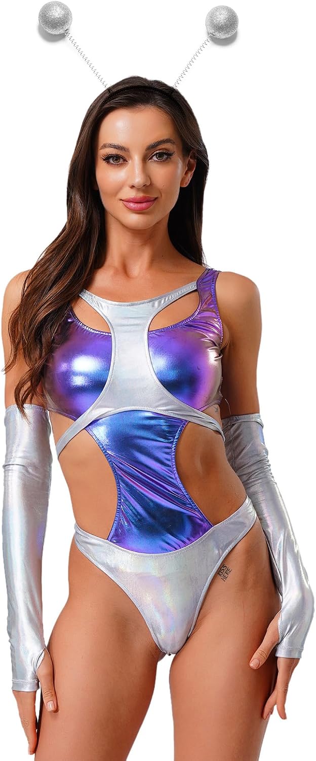 Womens Astronaut Costume Metallic Shiny Bodysuit with Gloves Headwear for Halloween Party