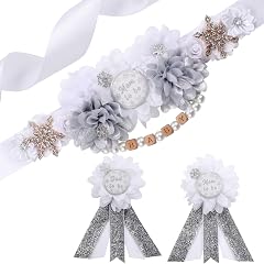 Winter Snowflake Baby Shower Maternity Sash Kit White Sliver Baby Shower Belly Belt and Mom to Be and