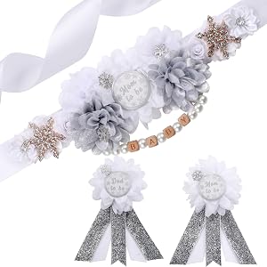 Winter Snowflake Baby Shower Maternity Sash Kit White Sliver Baby Shower Belly Belt and Mom to Be and