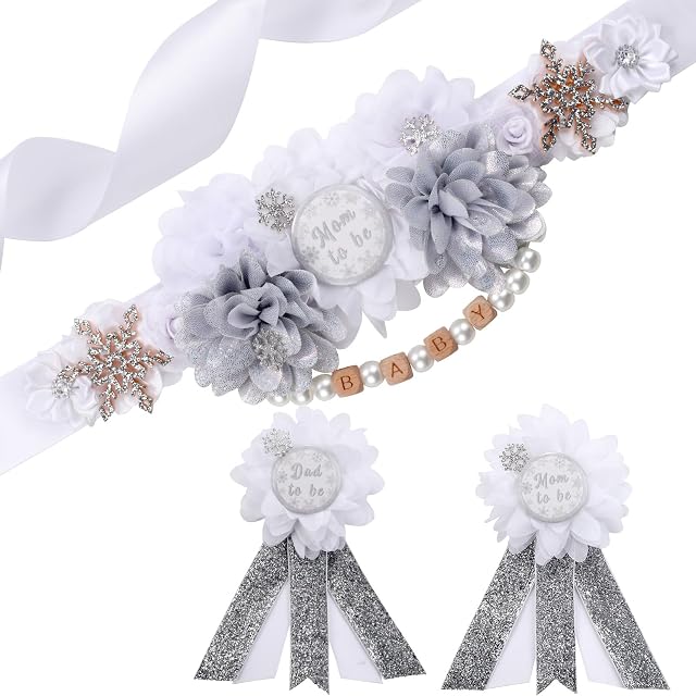 Winter Snowflake Baby Shower Maternity Sash Kit White Sliver Baby Shower Belly Belt and Mom to Be and