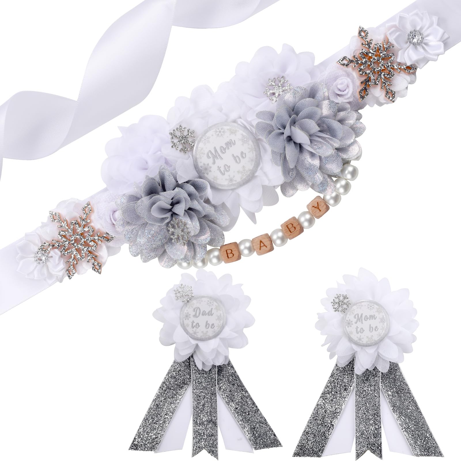 Winter Snowflake Baby Shower Maternity Sash Kit White Sliver Baby Shower Belly Belt and Mom to Be and